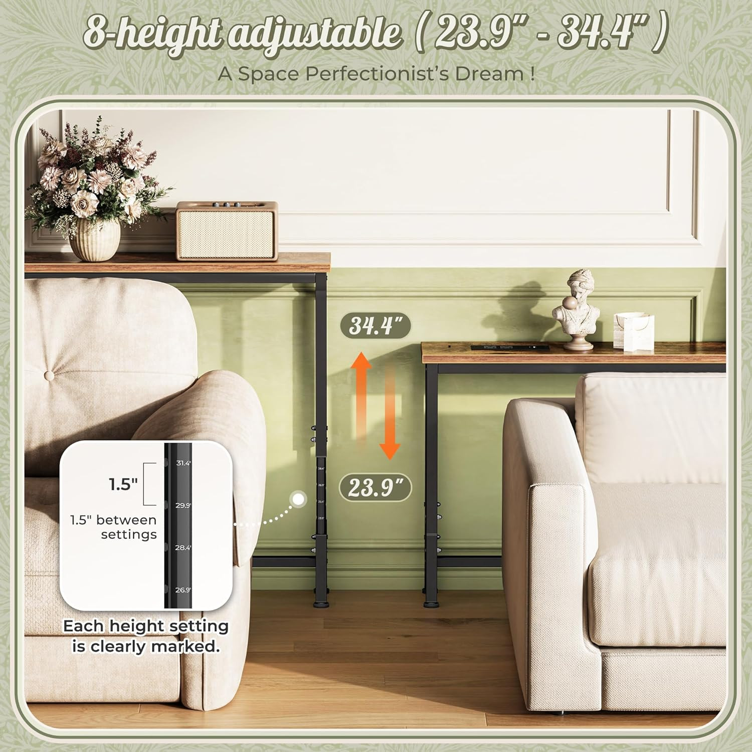 102.4 Inch Sofa Table with Power Outlets, 23.9’’-34.4’’ Height Adjustable Range,