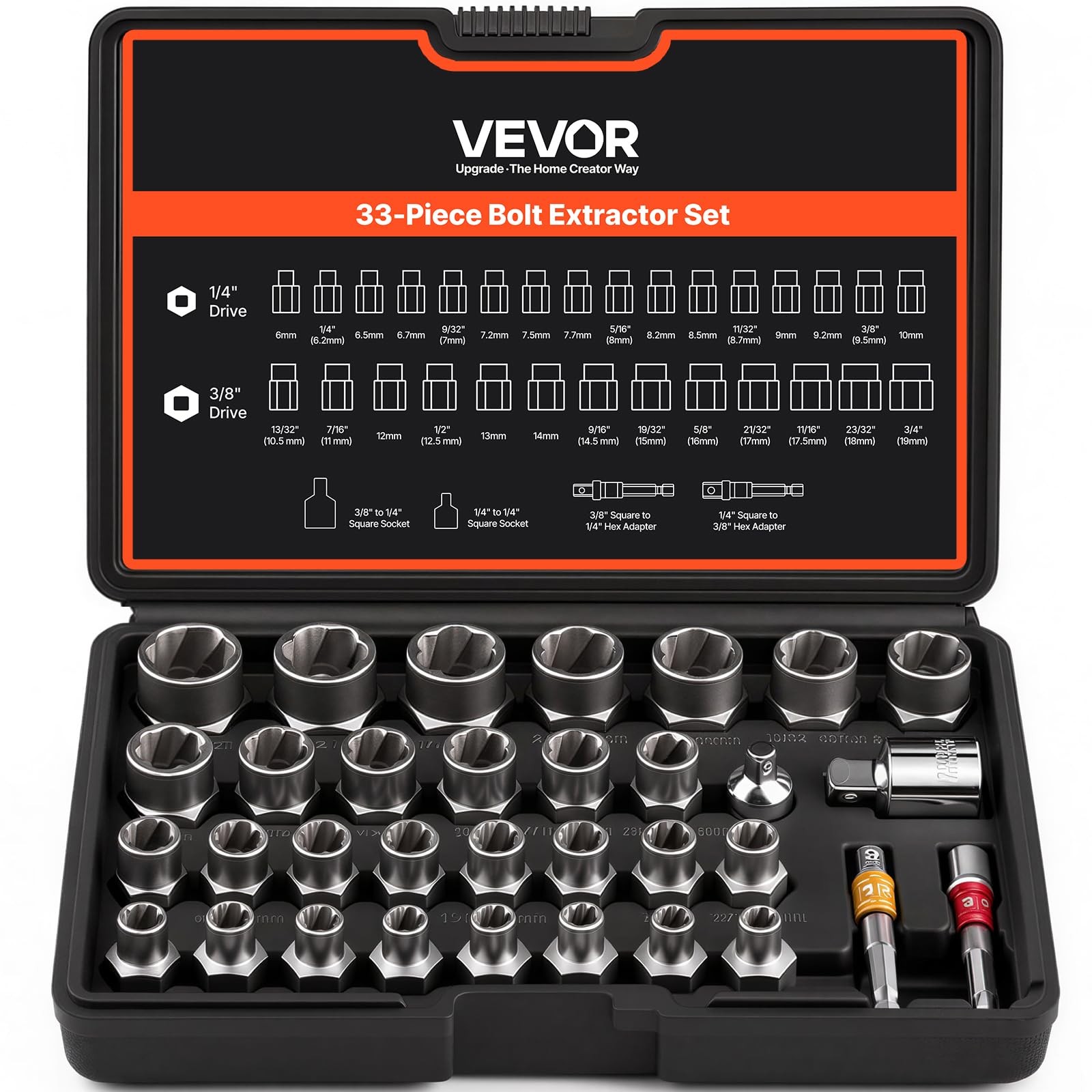 VEVOR Bolt Extractor Set, 32-Piece Bolt and Nut Remover Set, 6mm to 10mm, 13/32"