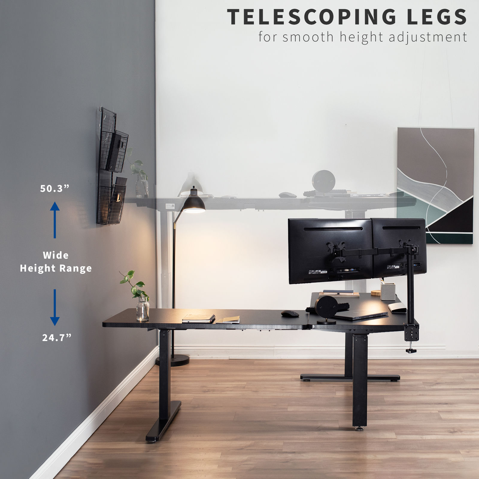 VIVO Electric Stand Up Corner Desk, Black Table Tops, White Frame