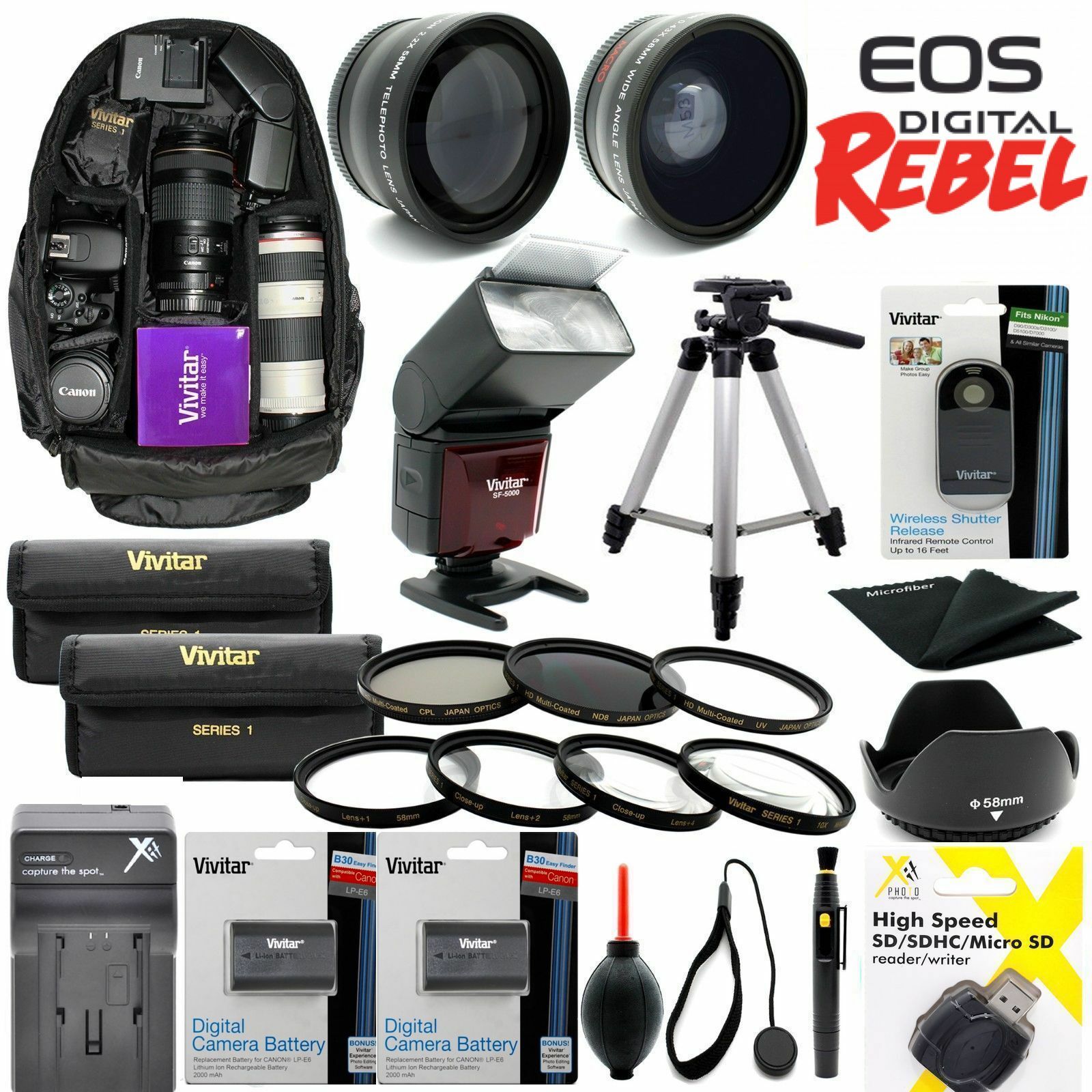 GIANT HD 8K LENS ACCESSORY KIT FOR CANON EOS 80D WITH 18-55mm TRIPOD BACKPACK