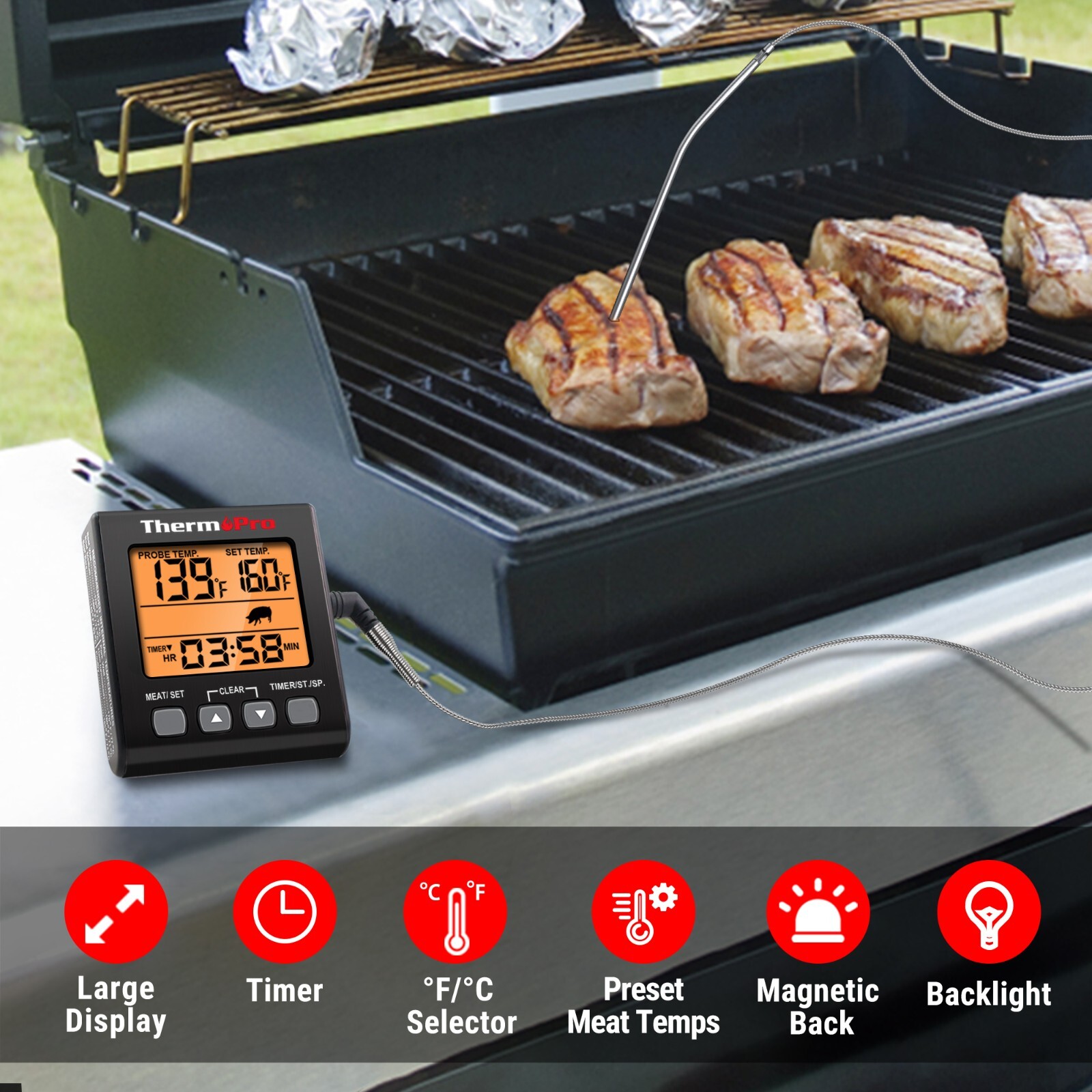 ThermoPro TP16SW Meat Cooking Thermometer with Timer Backlight for Oven Grilling