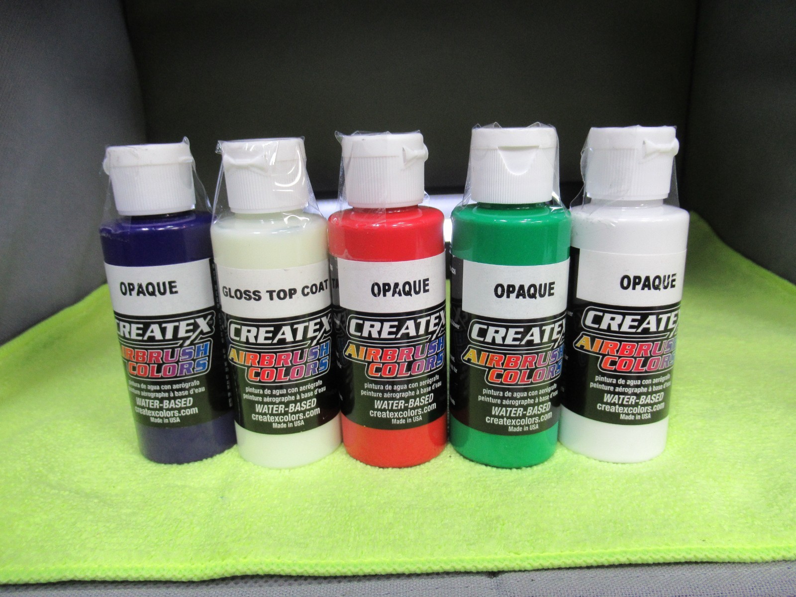 CREATEX AIRBRUSH PAINT 4 COLORS & GLOSS TOP COAT 2OZ BOTTLES