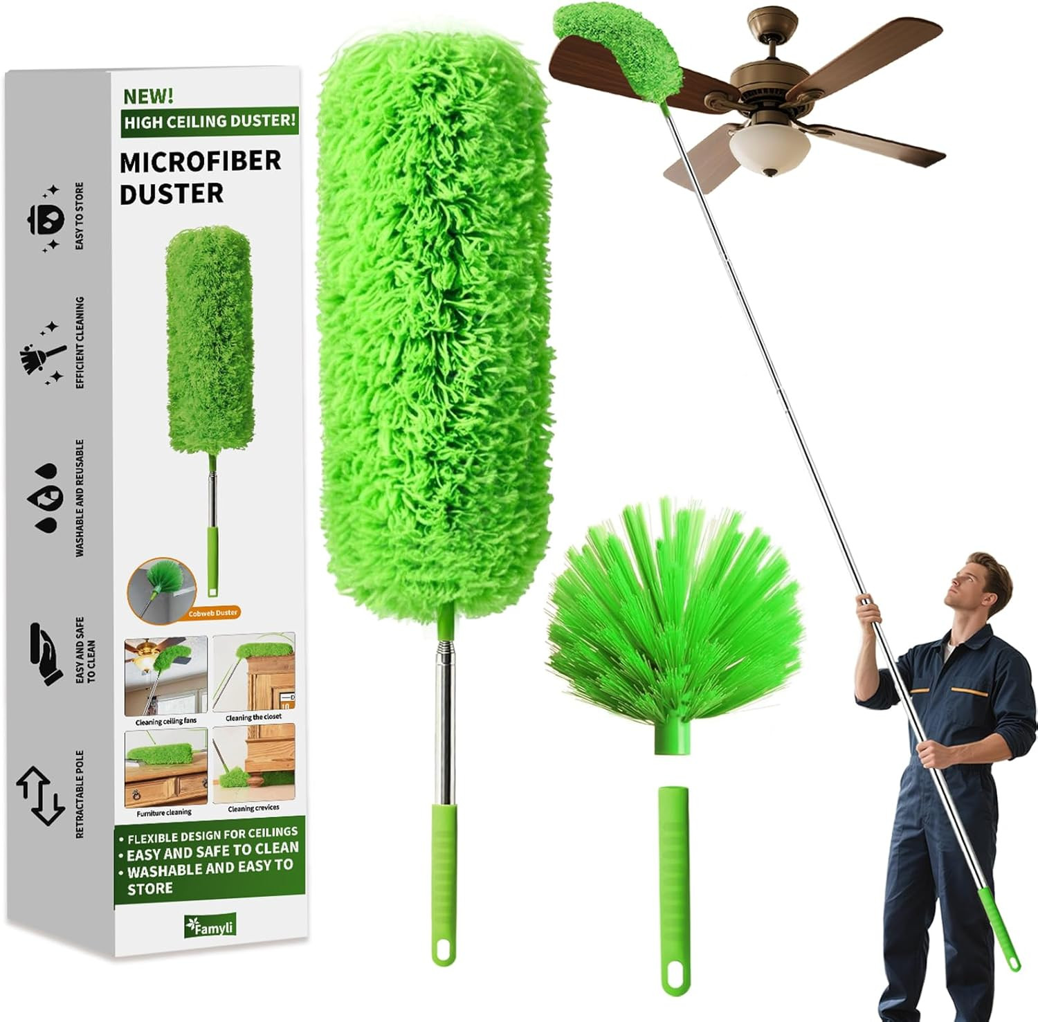 Cobweb Duster with Extension Pole Long  Fan Dust Brush for High Ceilings