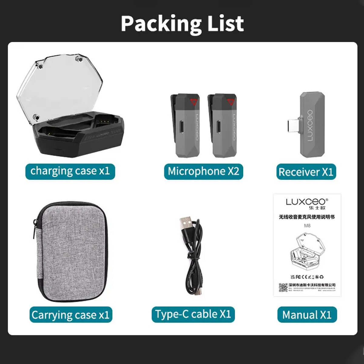 Luxceo M8 Wireless Lavalier Smartphone Microphone Lapel Mic with Charging Case