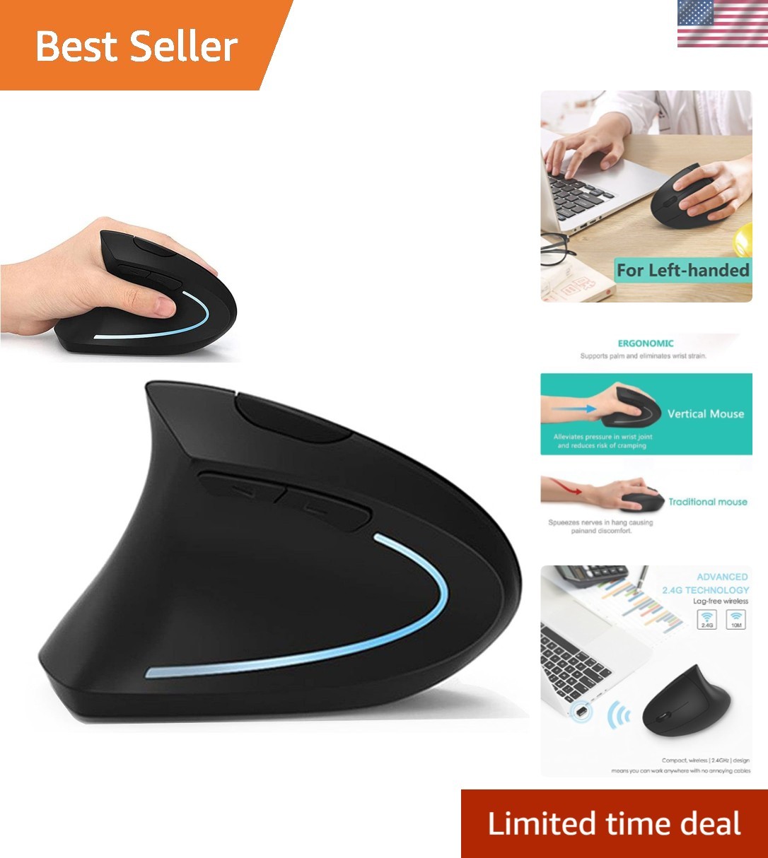 Left Handed Mouse, Wireless USB Ergonomic Vertical Lefty Mouse | Only for Lef...