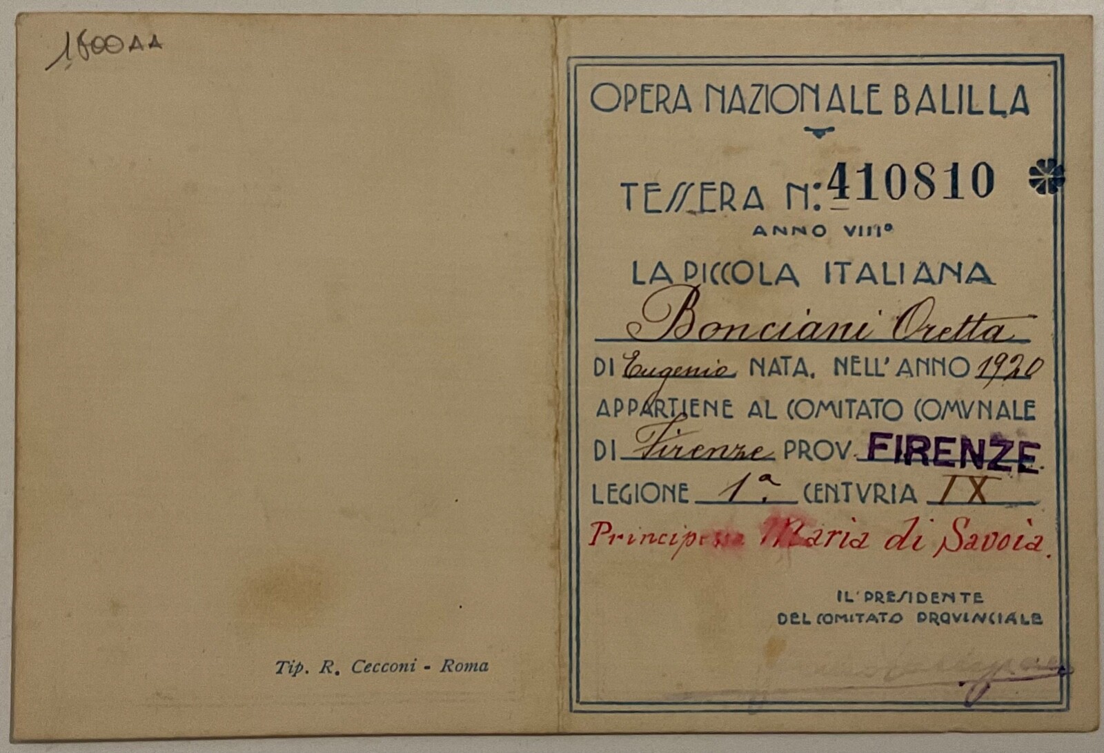 GALLUZZO OPERA NAZIONALE BALILLA ANNO 1930 VIII° TESSERA Piccola italiana PNF