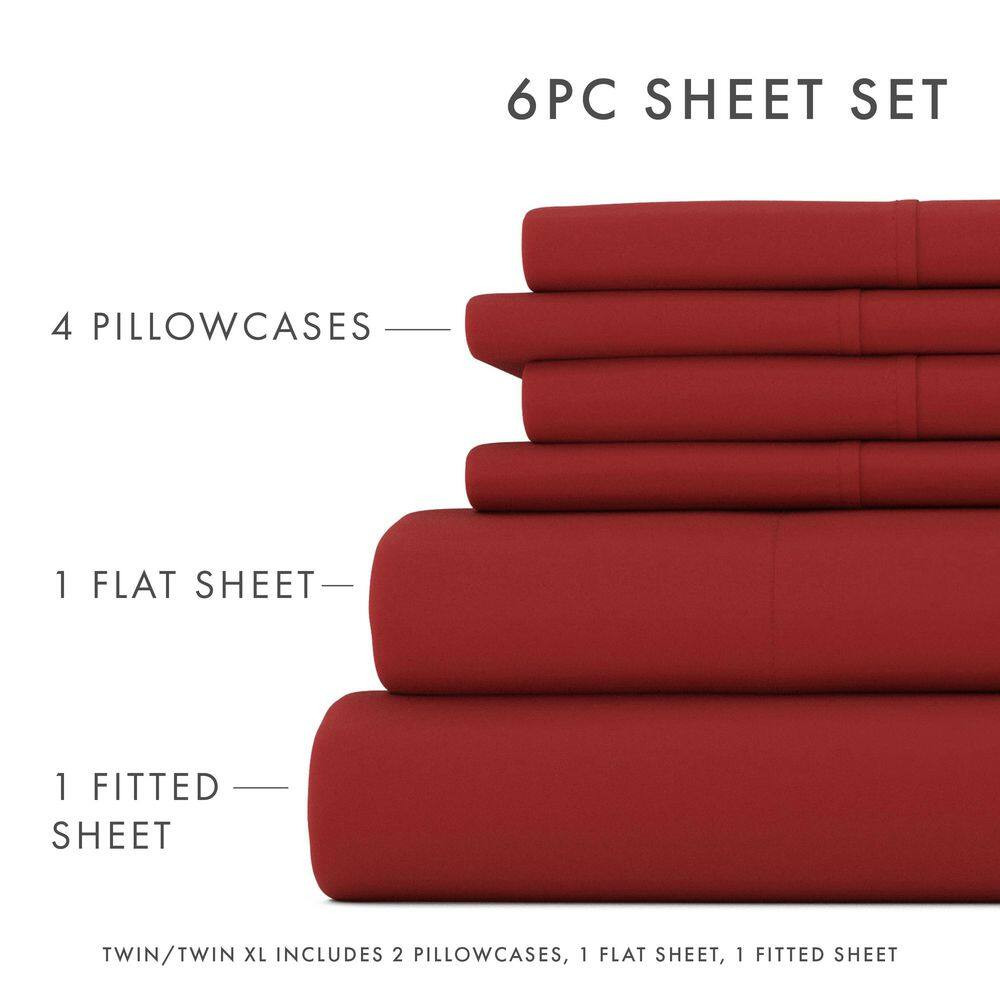 6-Piece Burgundy Solid Microfiber Twin Sheet Set Free Shipping New