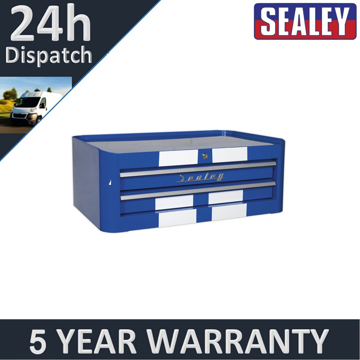 Sealey Premier� Retro Style Mid-Box Tool Chest 2 Drawer Blue with White Stripes