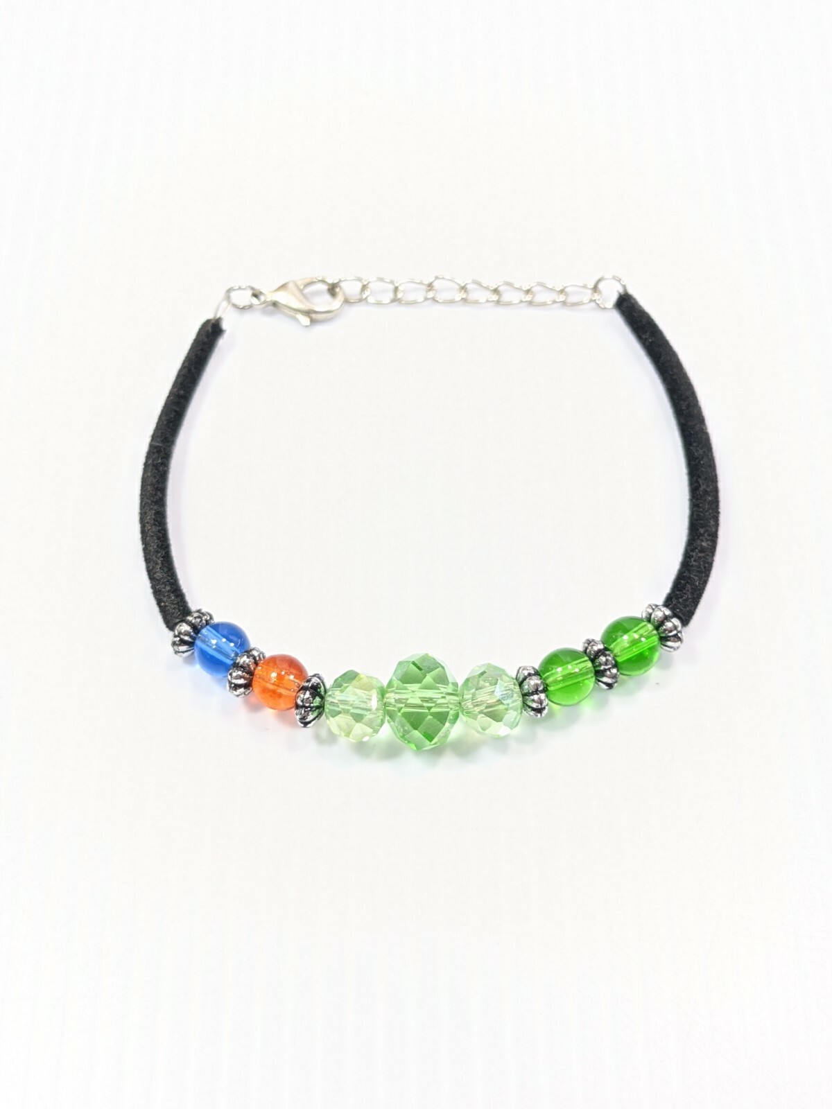 Artisan Green Blue Orange Glass Round Bead Black Cord Bracelet 8 Inches
