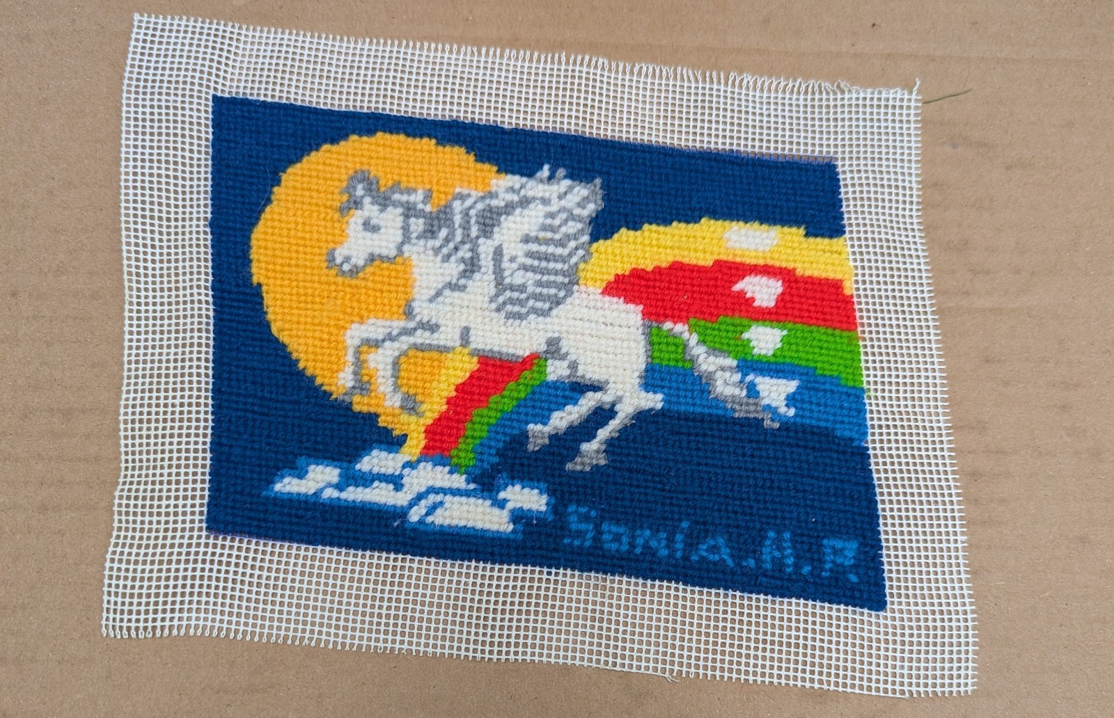 Vintage Pegasus Mythical Winged Horse Needlepoint Canvas Rare Unframed 7x5