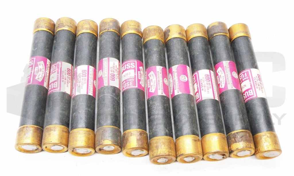 LOT OF 10 NEW BUSS NOS-3 ONE TIME FUSE CLASS H 600VAC 3A