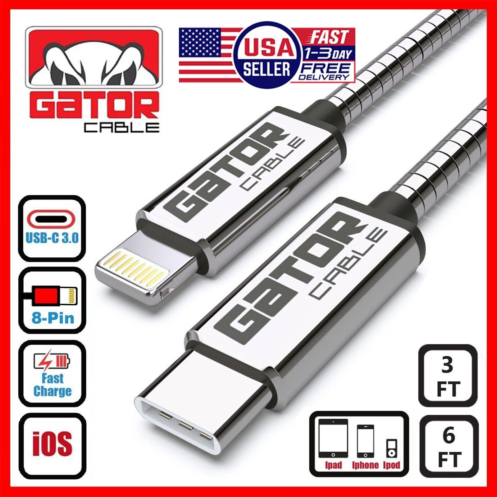 USB-C Fast Charger Cable To For iPhone XR XS 11 12 13 14 Pro Max Plus All Metal