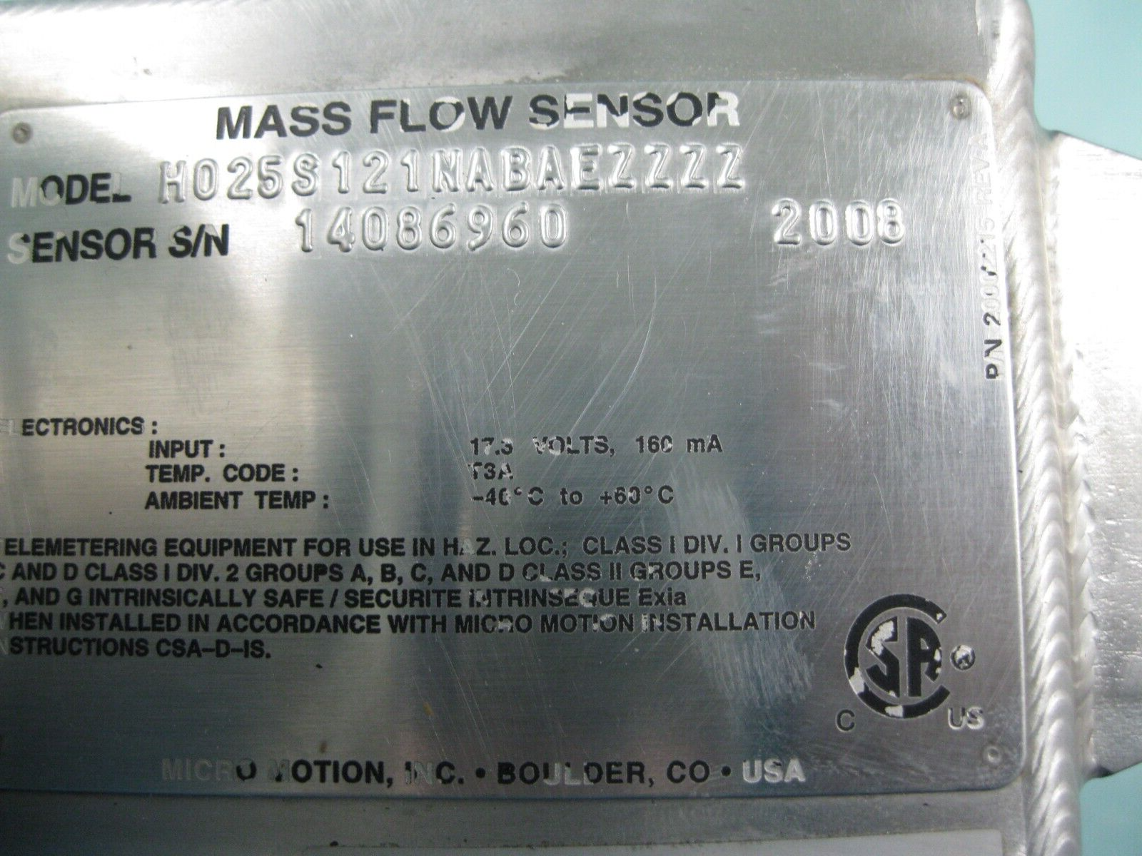 1/2" Micro Motion H025 S121NABAEZZZZ Mass Flow Sensor 700 Core Processor C8