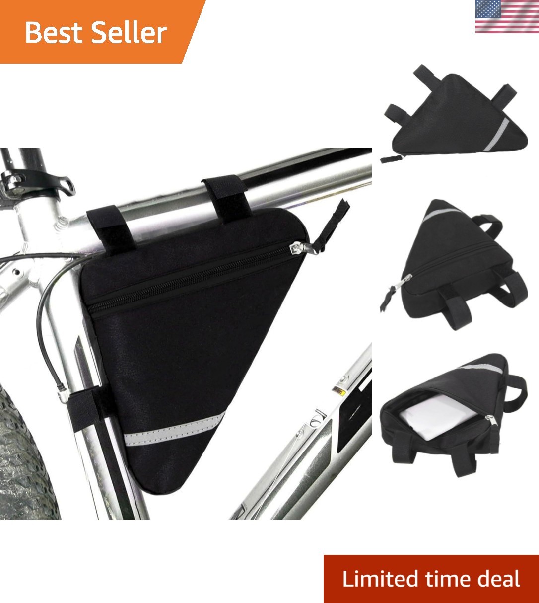 Compact Bicycle Frame Bag - Reflective, Lightweight & Easy to Install, Black