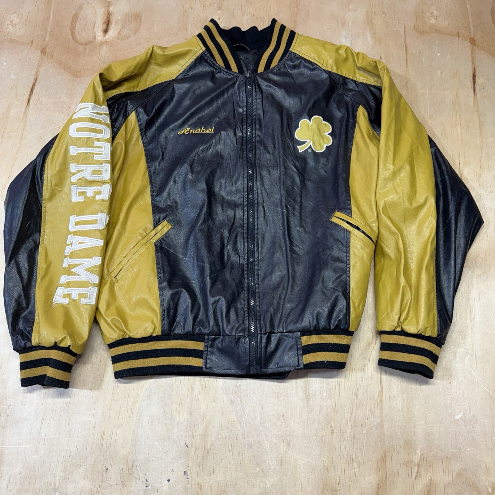 NOTRE DAME FIGHTIN IRISH FAUX LEATHER JACKET BOMBER STEVE BARRY’S VTG Sz ADULT M