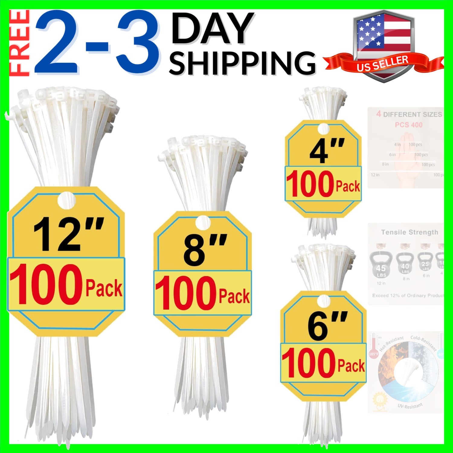 Zip Ties, White Zip Ties Assorted Sizes , 400 Pack, White Cable Ties, Zipties...