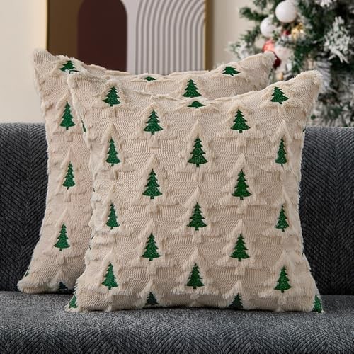 Christmas Pillow Covers 18x18 Set of 2 Double Xmas 18" x 18" (Pack of 2) Beige