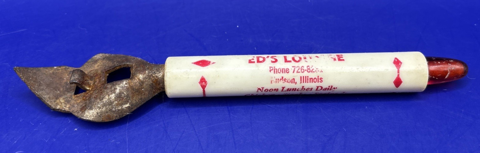 Vintage 6"-long Ed's Lounge Promotional Bottle Opener - Hudson, Illinois