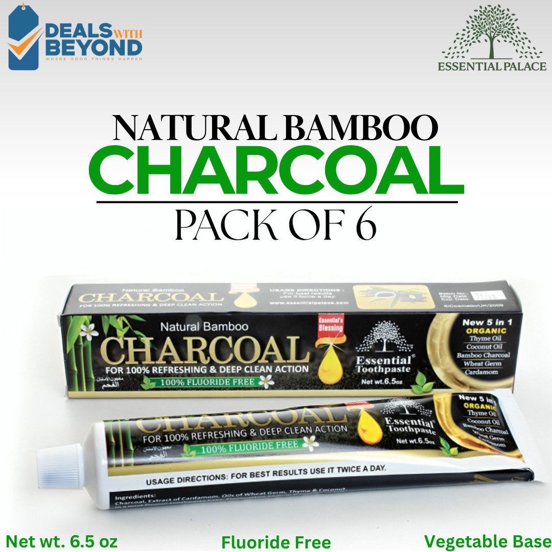 6 Tube Bamboo CHARCOAL Toothpaste By Essential Palace 5 in 1, 100% Fluoride Free