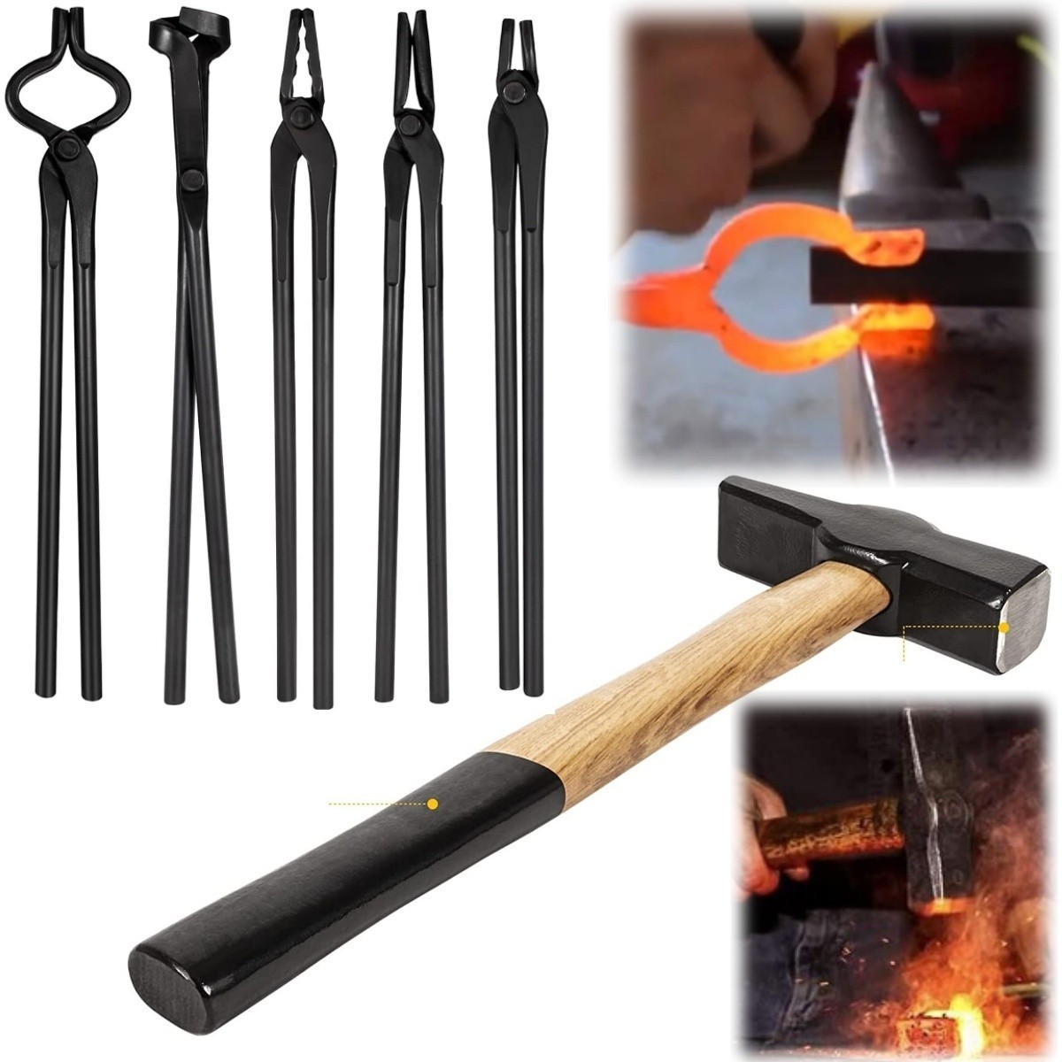 Knife Making Tongs Bladesmith Tong Set & Blacksmith Hammer 1.5 kg Forge Tools