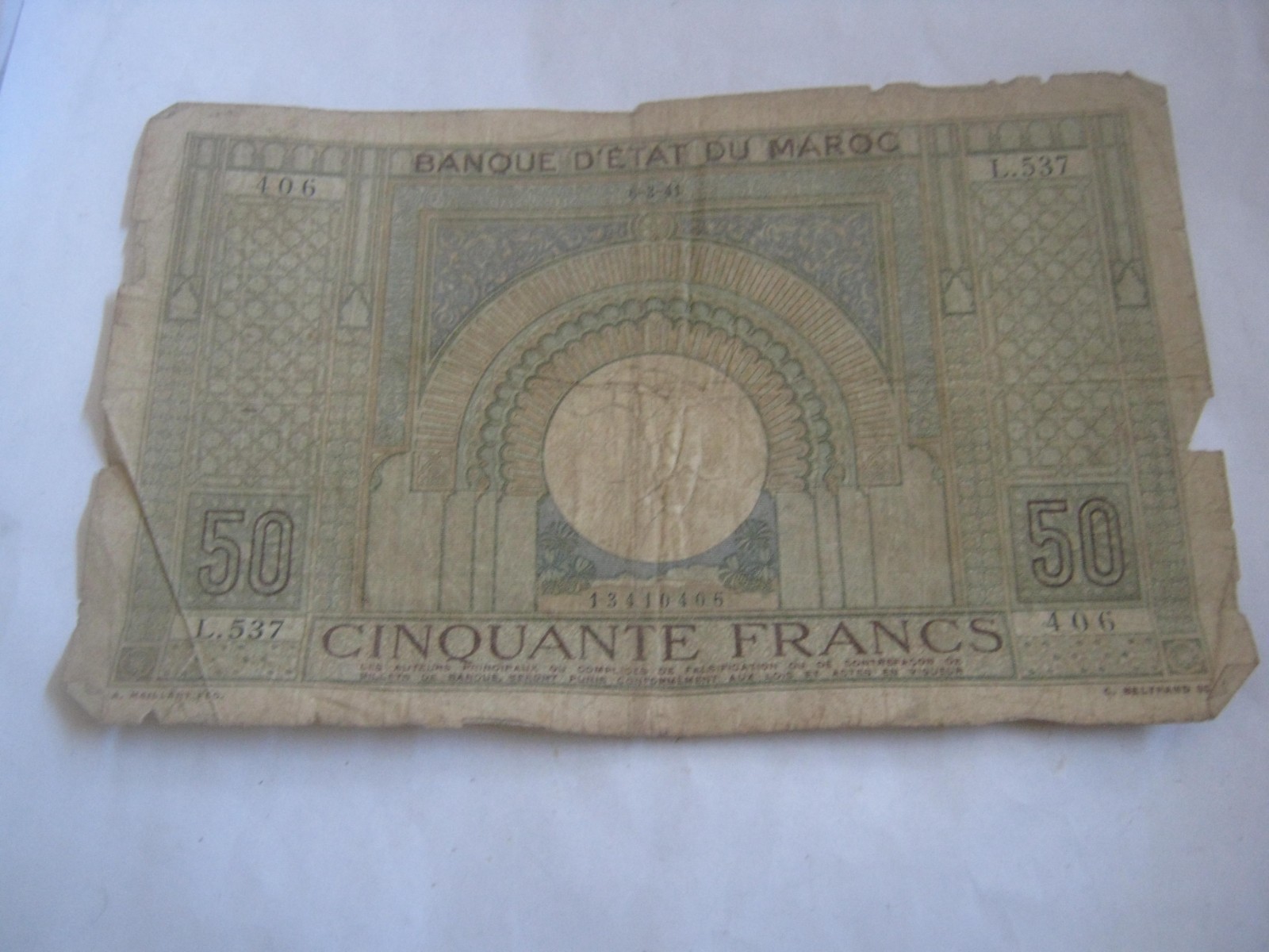 MOROCCO 6-3-41 50 Francs Note P#21d 406 L.537 See "Casablanca"