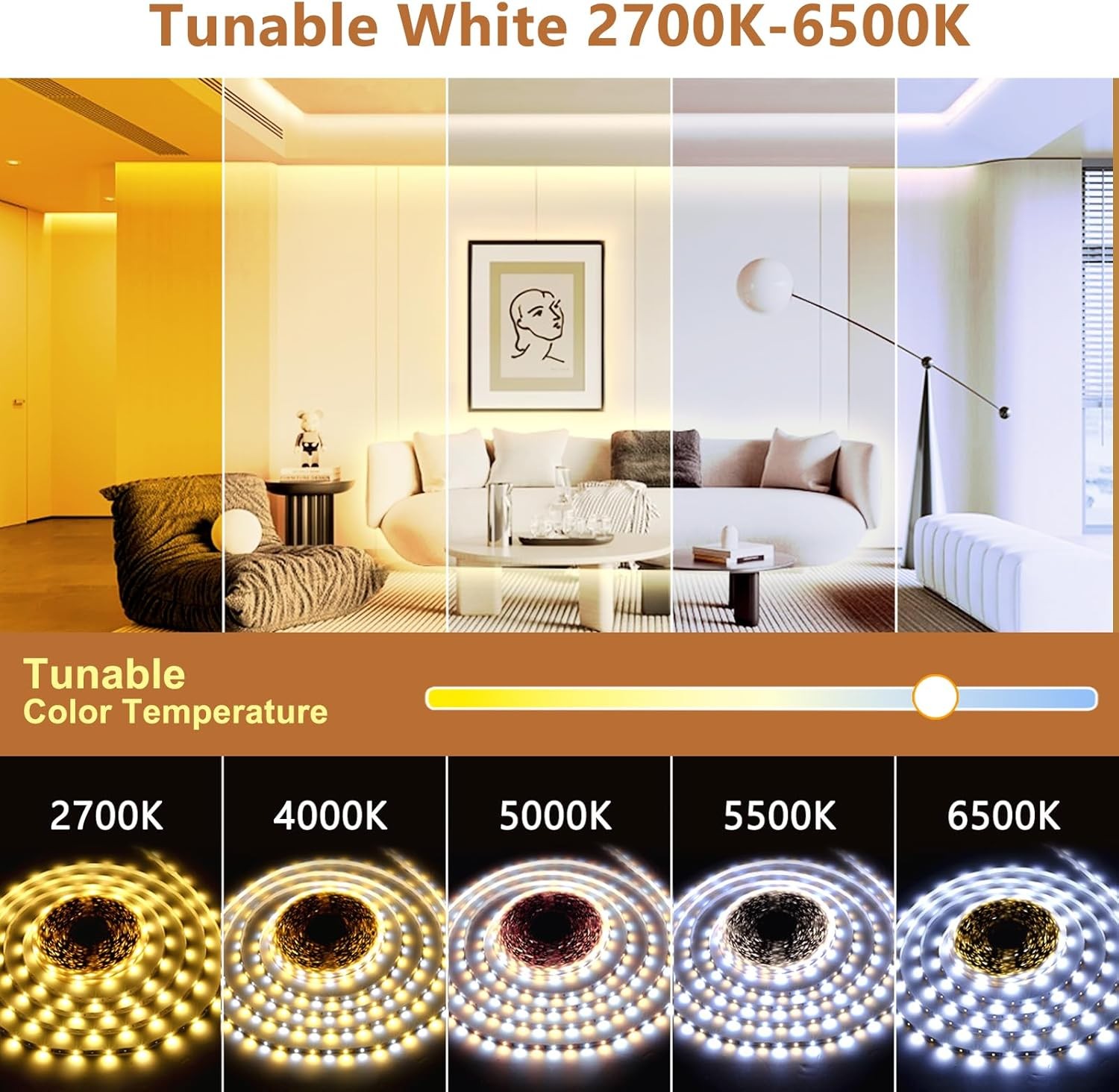 White LED Strip Lights, 100ft Dimmable Bright 24V Led Tape Light with Remote App