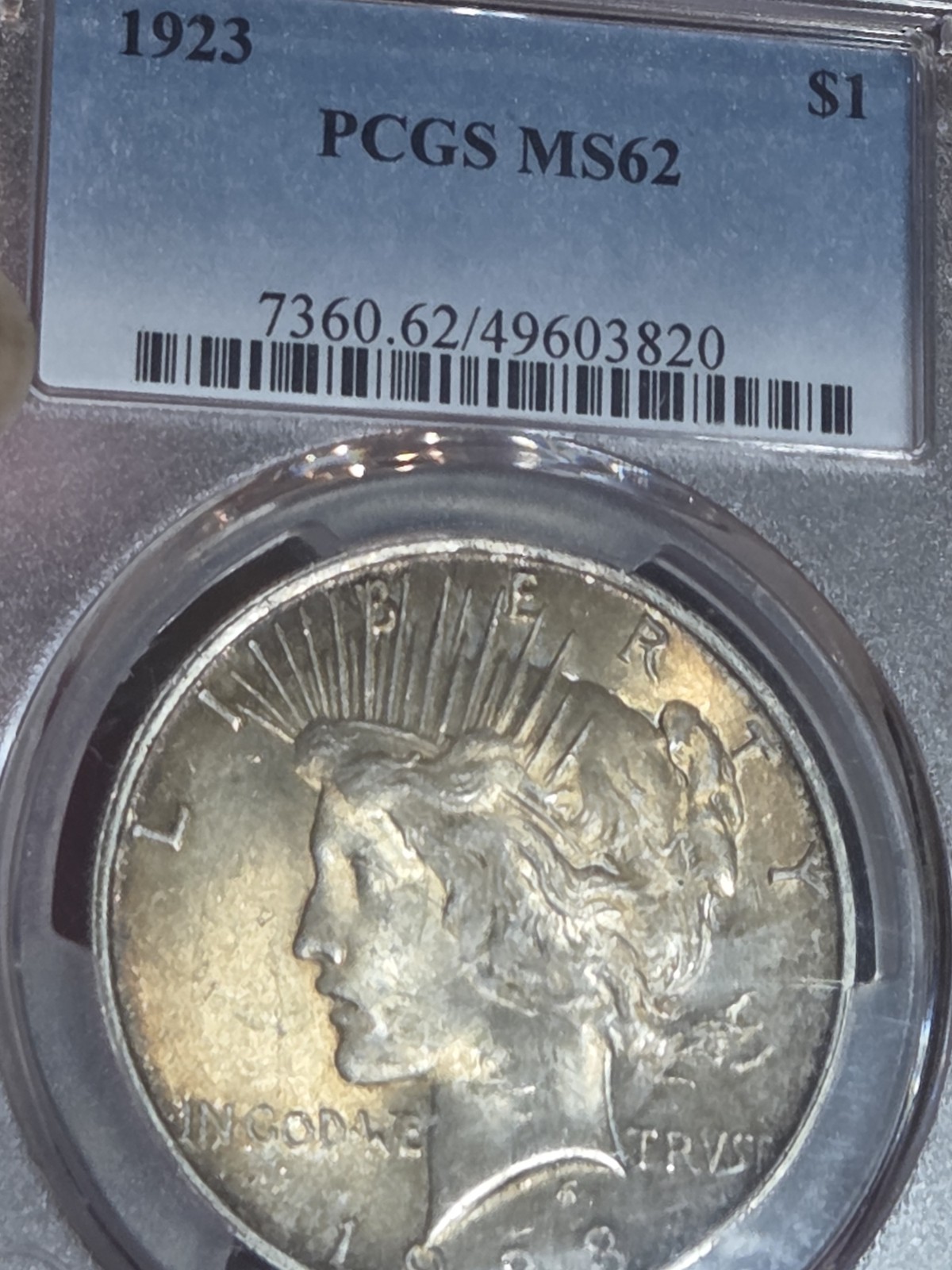 1923 $1 Peace Dollar PCGS MS62 Toned