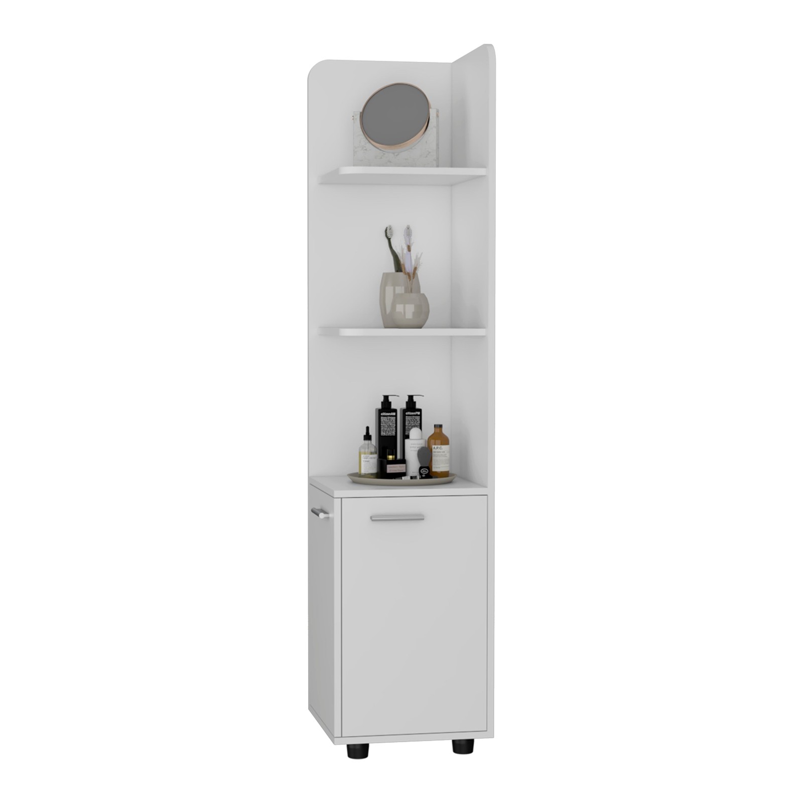 Sunriver Corner Shelf with Cabinet, 3-Tier Shelf, Metal Handles