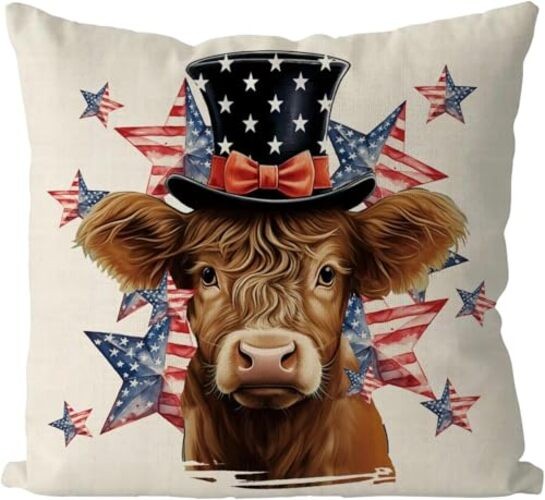 4th of July Pillow Covers 20x20 Inch American Patriotic Cow Stars Throw 20"x20"