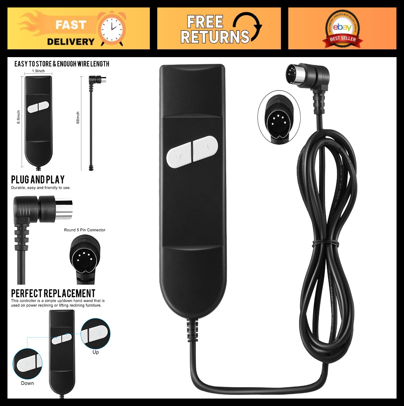 Universal Lift Chair Remote Control - 2 Button Power Recliner Handset, 5 Pin Rep