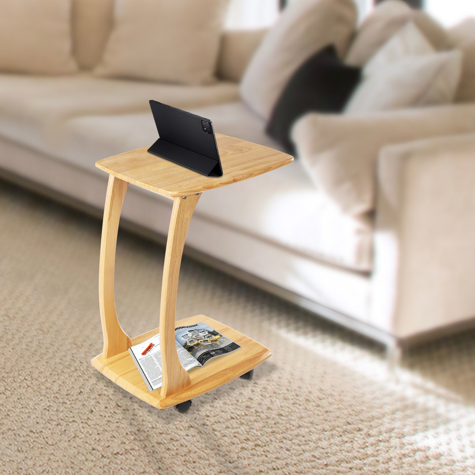 C-Shaped Side Table Floor Standing Solid Wood End Table With Wheels 24.8 inches