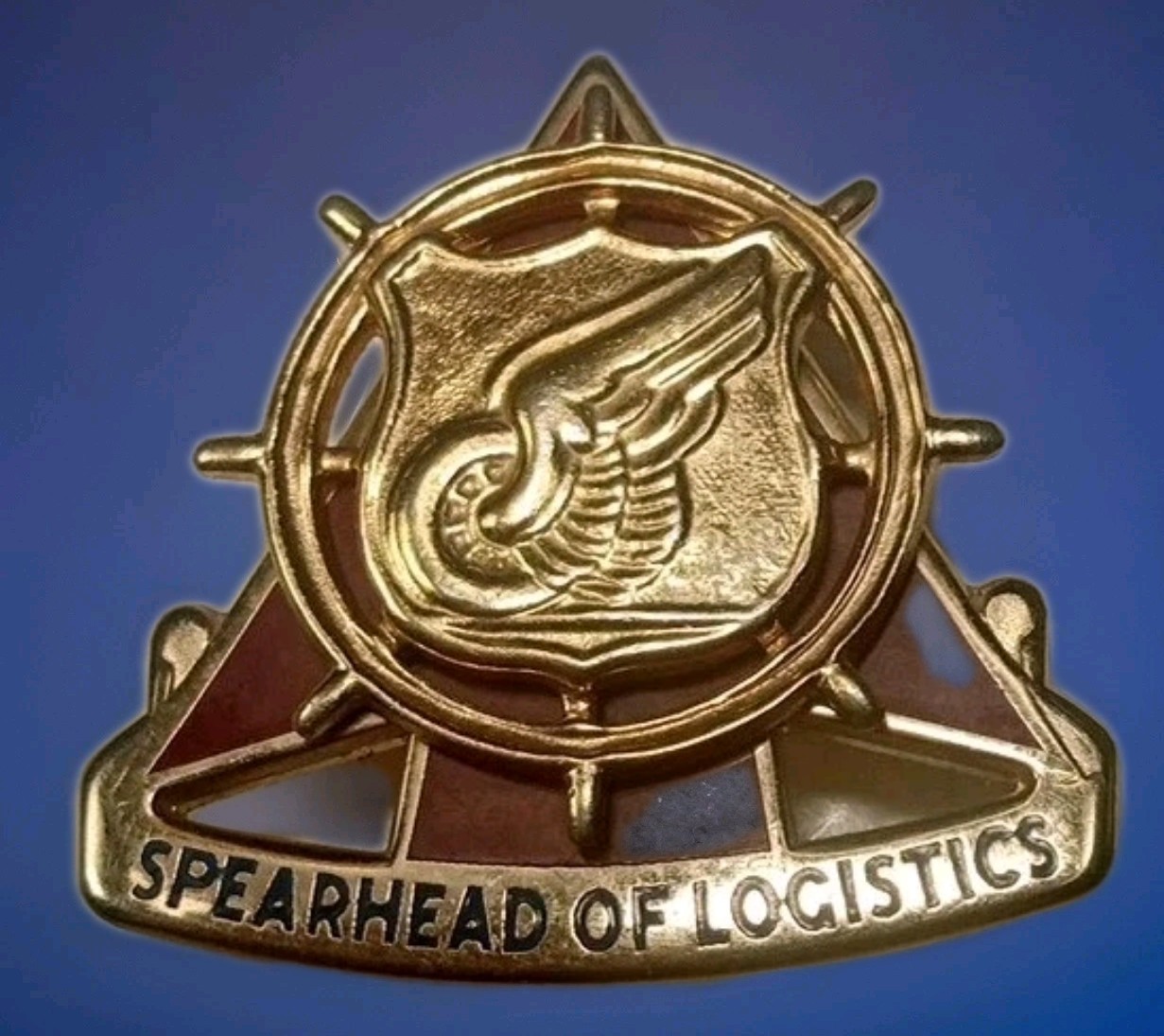 Spearhead of Logistics Military Enamel Pin Gold Tone Made in America