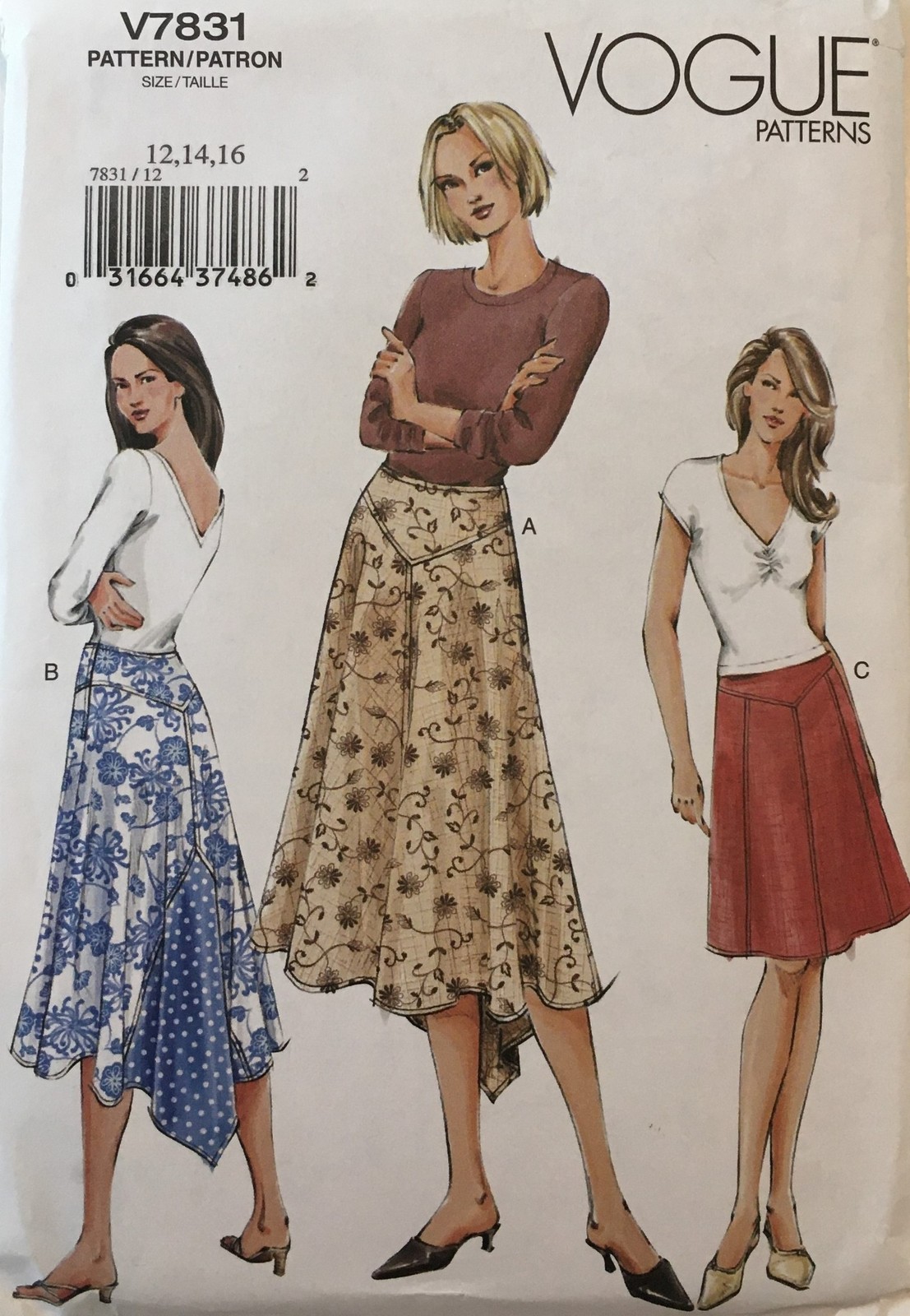 Vogue Sewing Pattern 7831, Flared with back Godet or A-Line Skirt, sz 12-14-16
