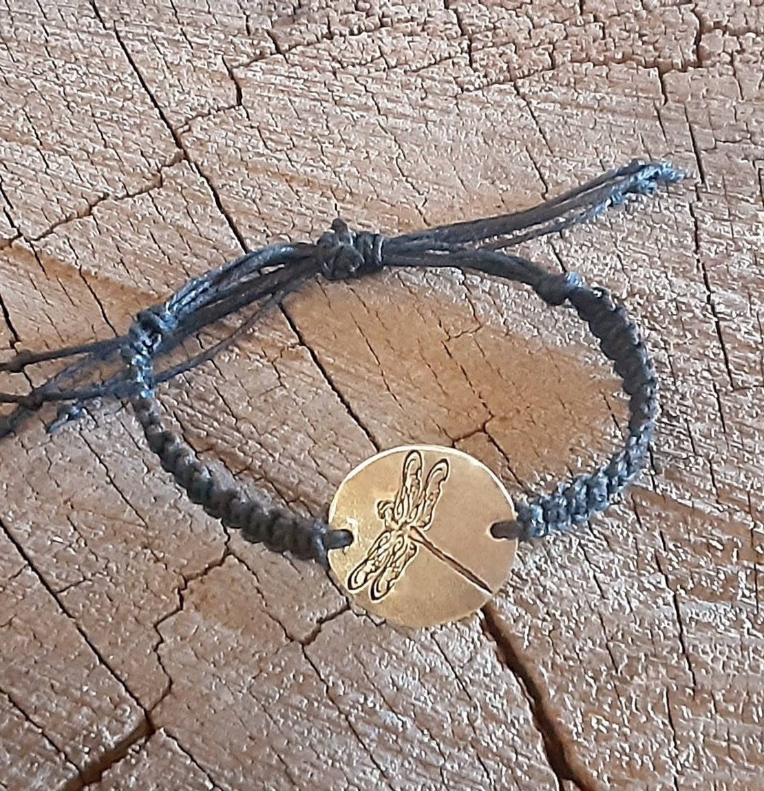 Handmade Black Hemp Bracelet: Brass Dragonfly, Adjustable Woven Design
