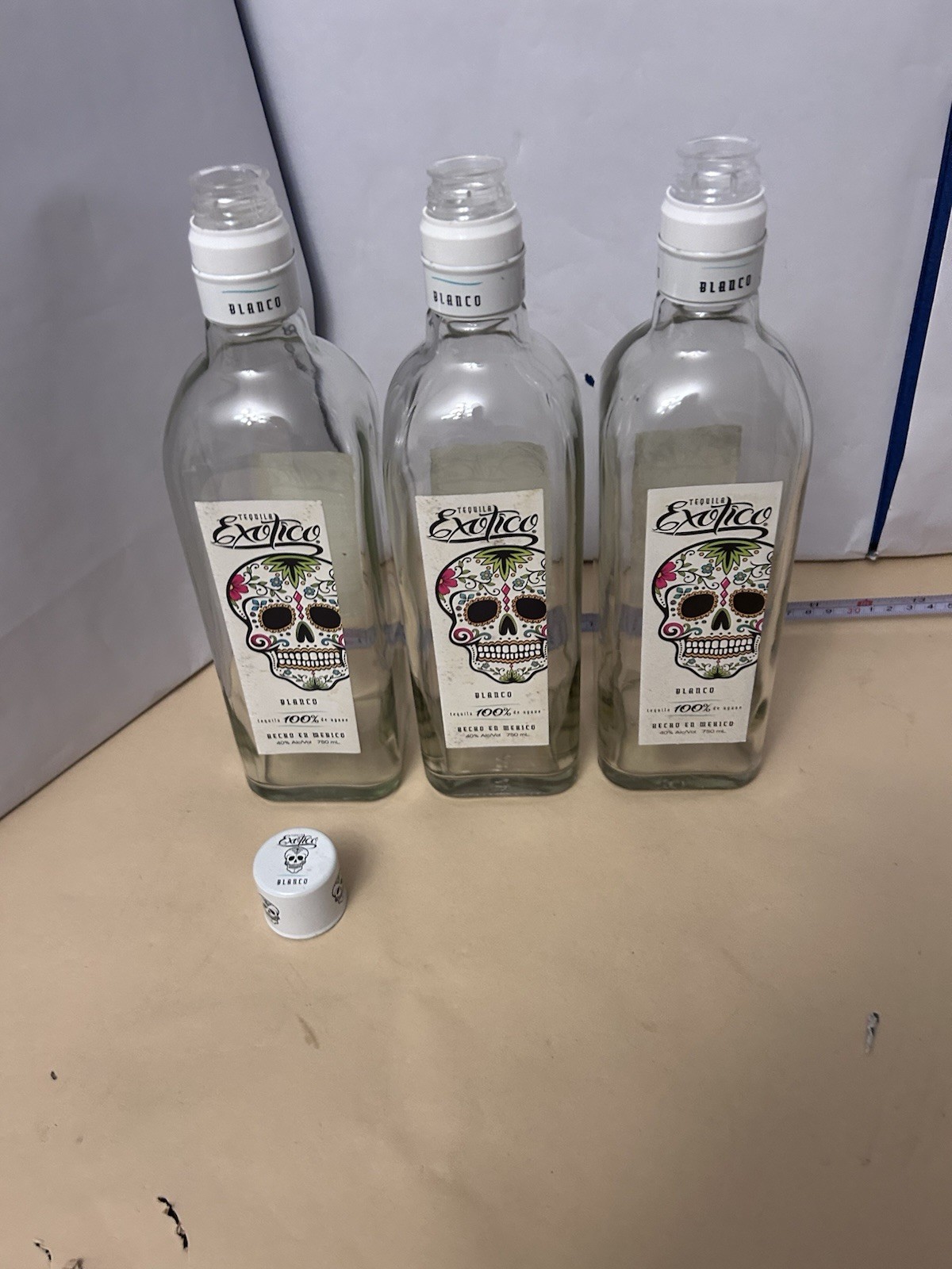 3 Empty Used 750mL Clear Glass Bottle Tequila Exotic Twist Cap 1/3 caps