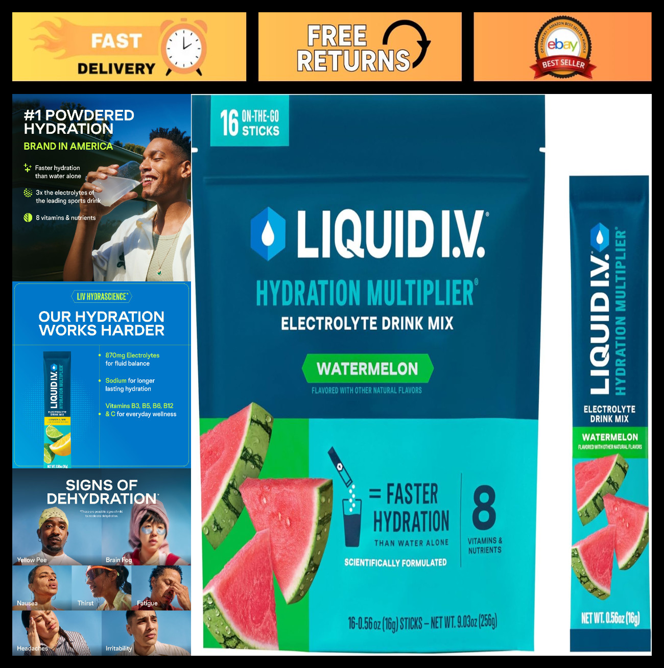 Hydration Electrolytes Powder Drink Mix, Watermelon Flavor, 16 Count | Vegan, No