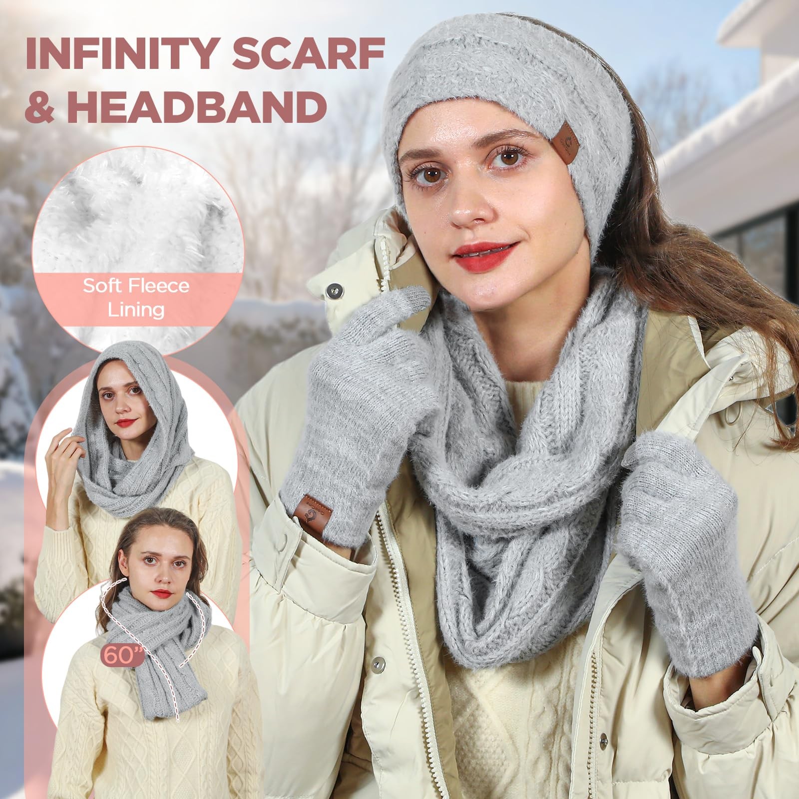 Womens Beanie Hat Infinity Scarf Touchscreen Gloves Fleece Medium, Grey