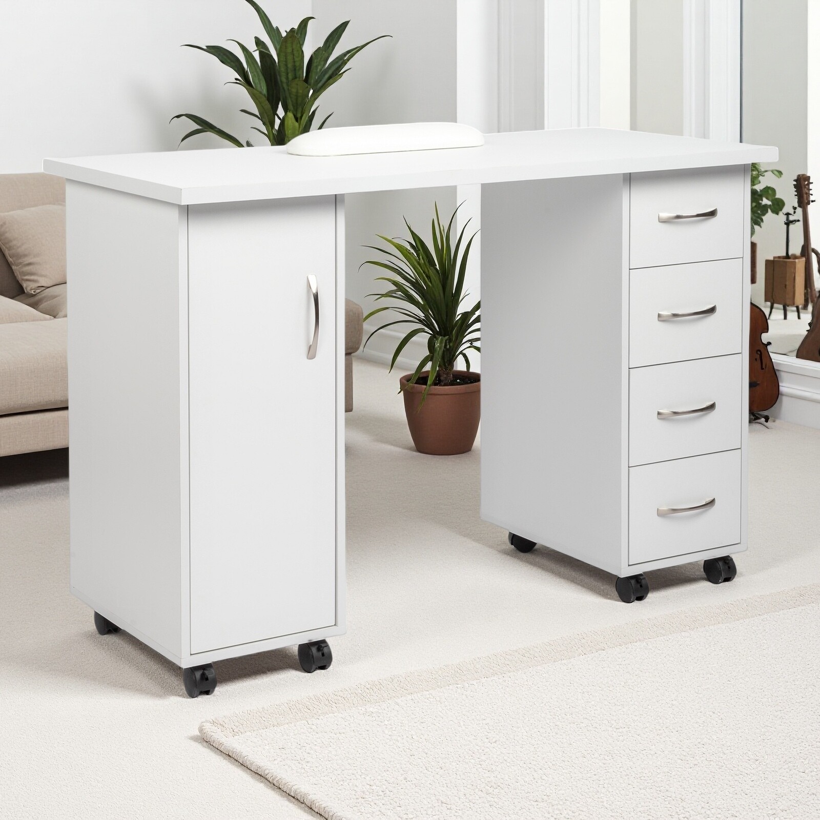 Rolling Computer Desk - White, 4-Drawer, Shelves Storage & MDF ​Nail Table​