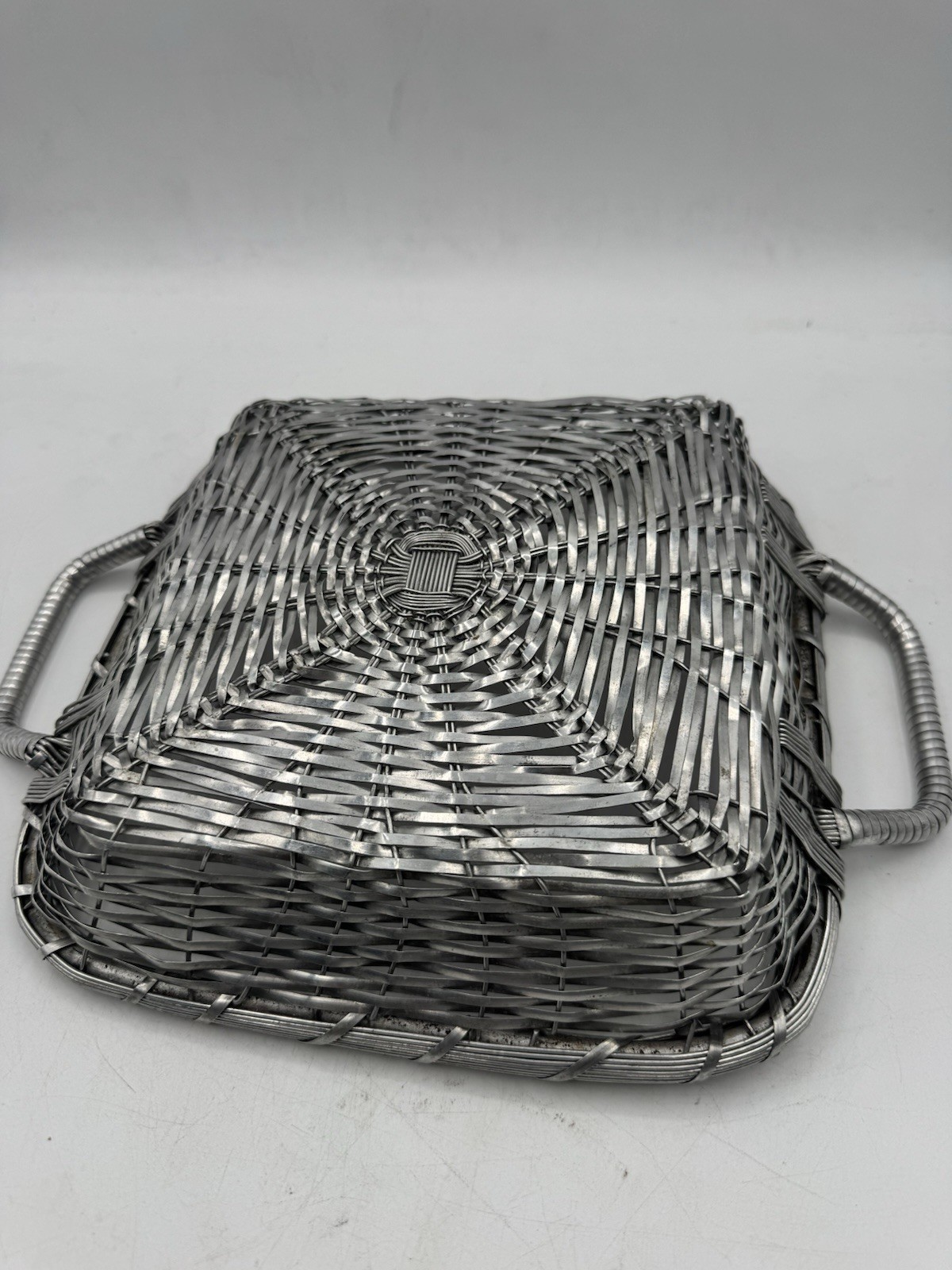 Metal Display Basket Silver Woven With Handles Rectangular 10 In x 10 In