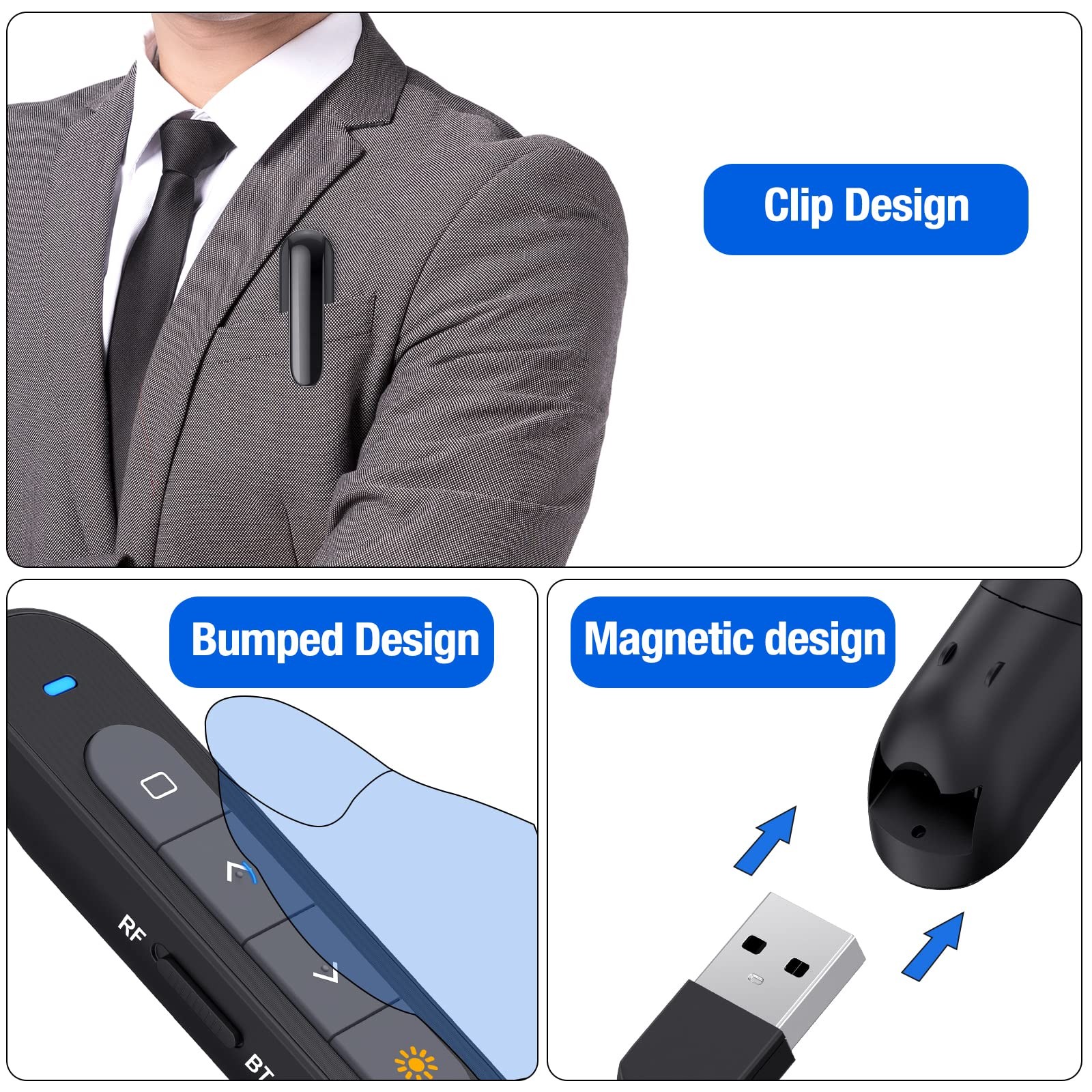 Presentation Clicker Rechargeable Compatible with Bluetooth and RF 2.4GHz Red...