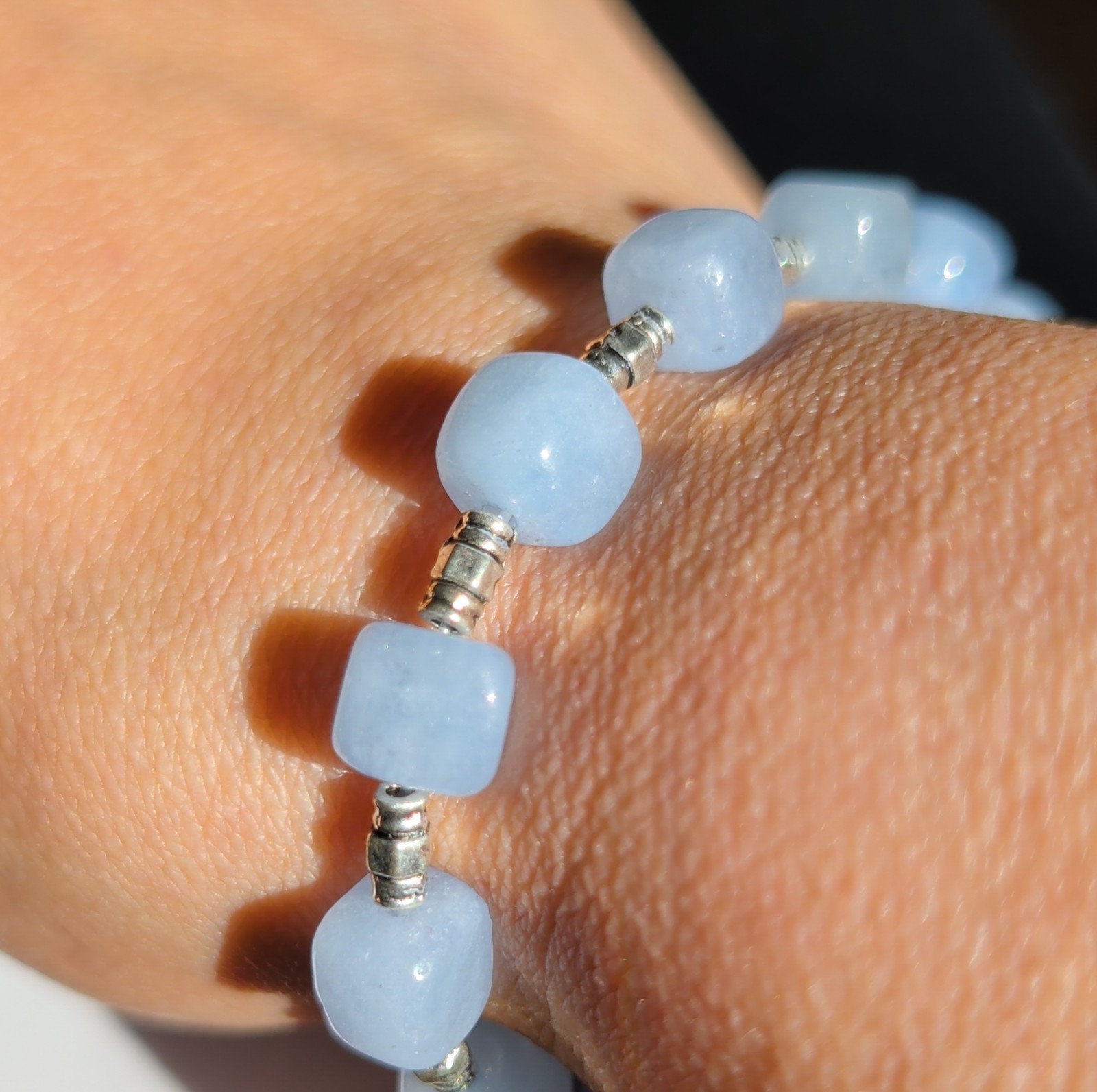 Beaded Bracelet Light Blue & Silver Square Gemstone Beads Metal Handmade