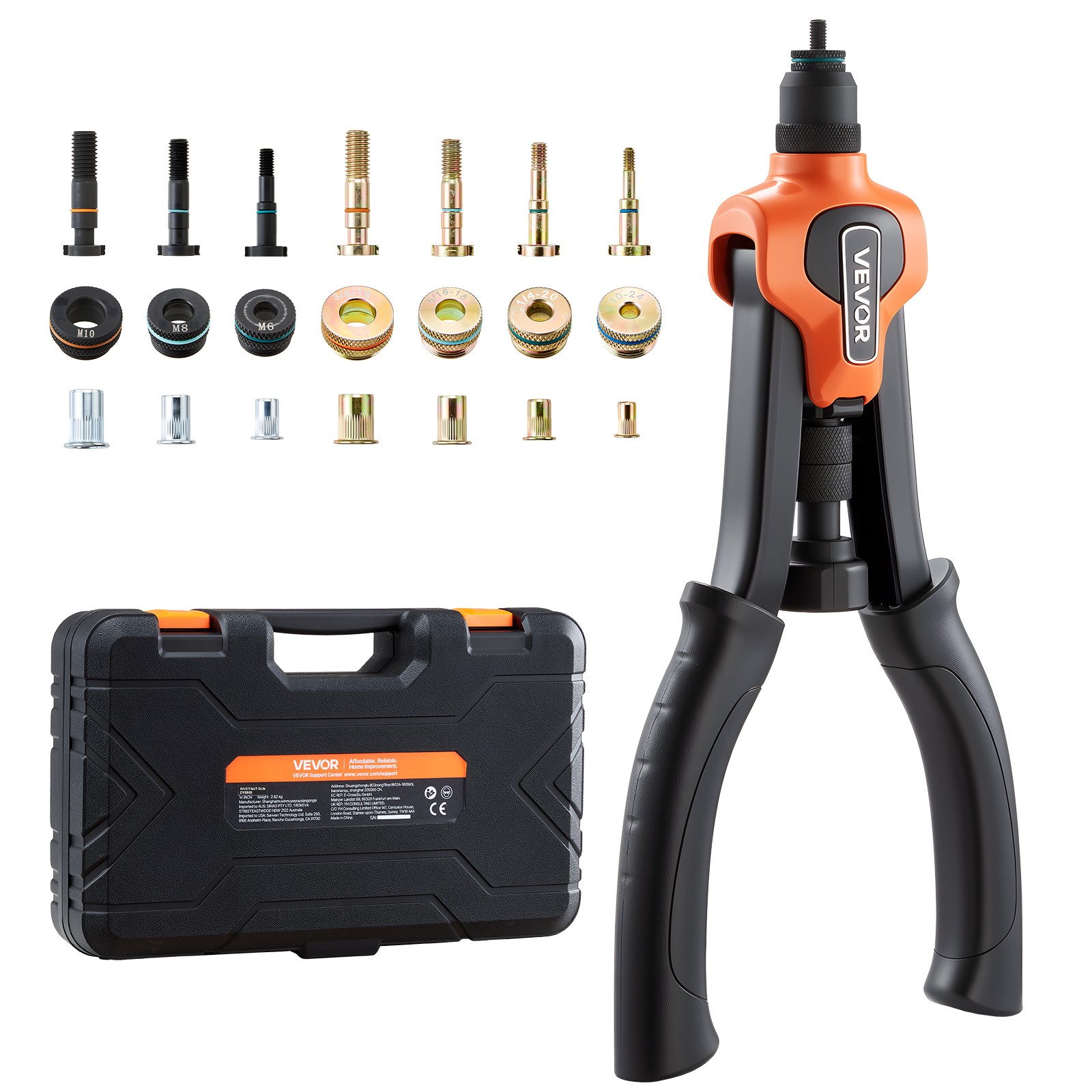 VEVOR Rivet Nut Tool Kit Rivnut Tool Kit 14-Inch Two-Handed 7 Mandrels 70 Nuts