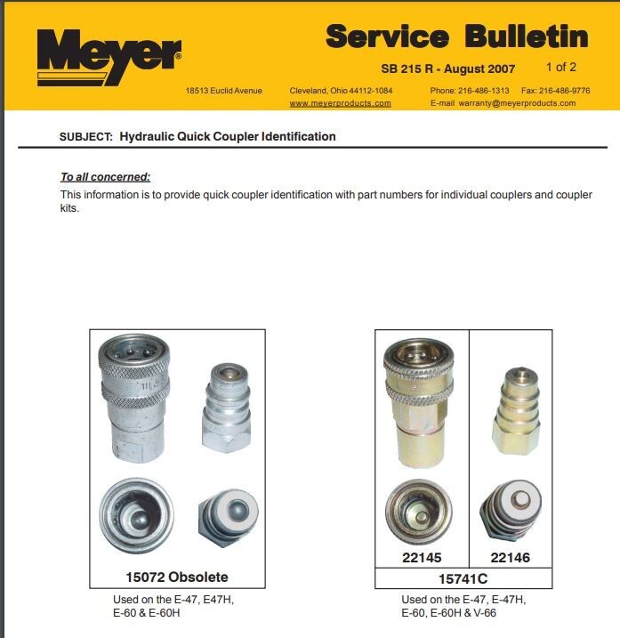 MEYER SNOW PLOW HYDRAULIC QUICK COUPLER VALVE BLOCK KIT 22293 22294