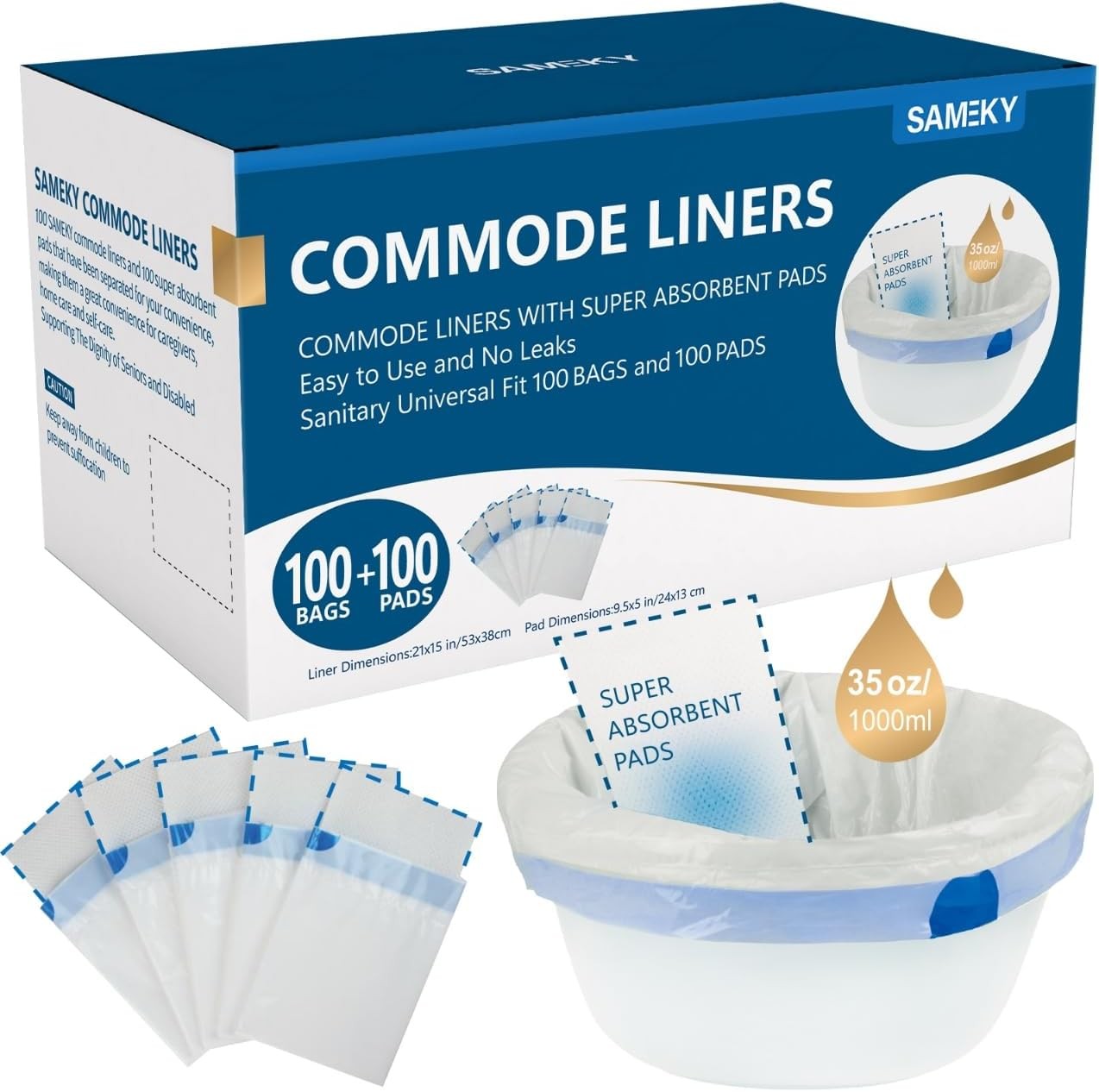 Commode Liners with Absorbent Pads | 100Bags+100Pads 1 Count (Pack of 100)