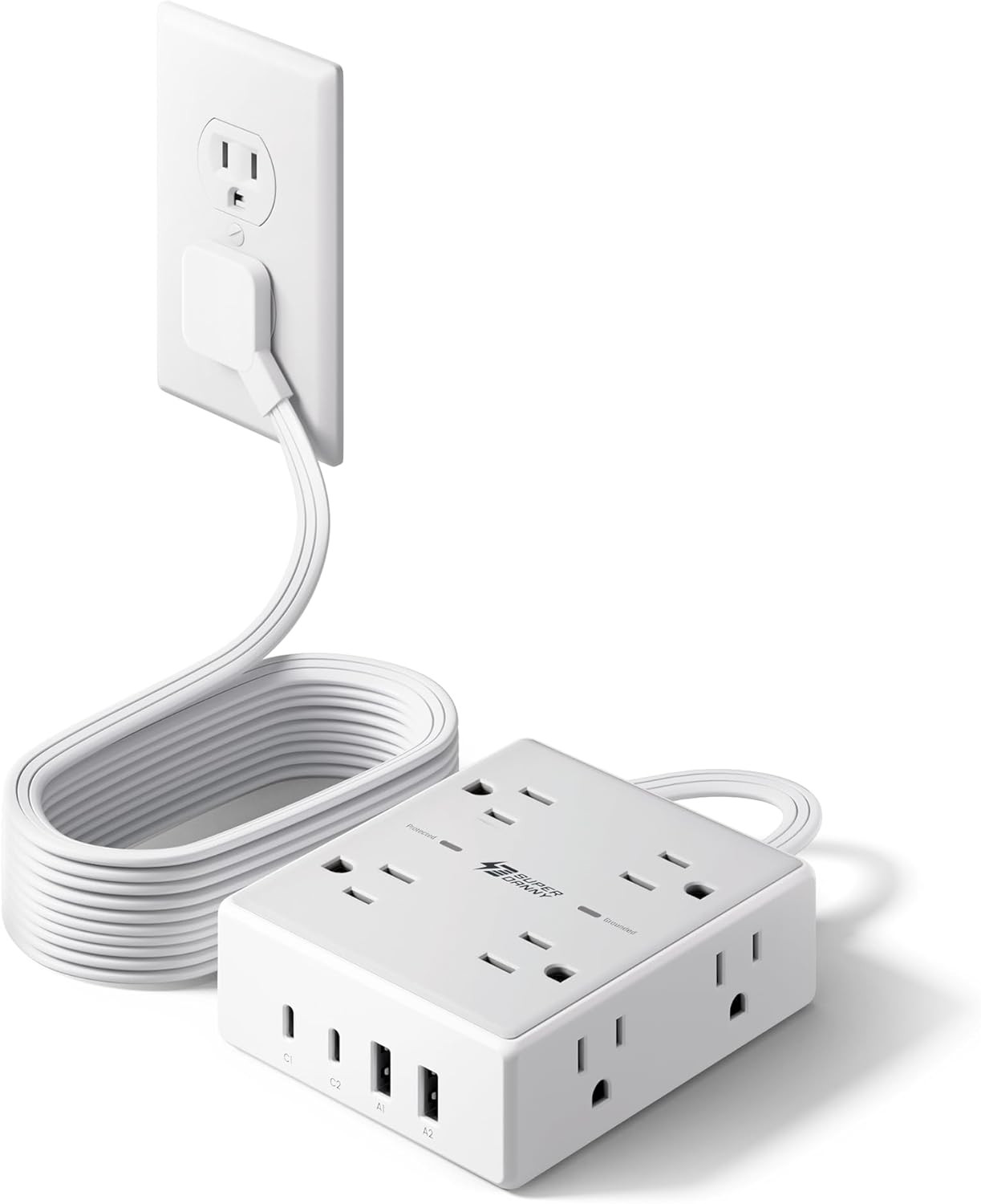 10Ft Extension Cord with Multiple Outlets, Flat Plug Surge Protector Power Strip