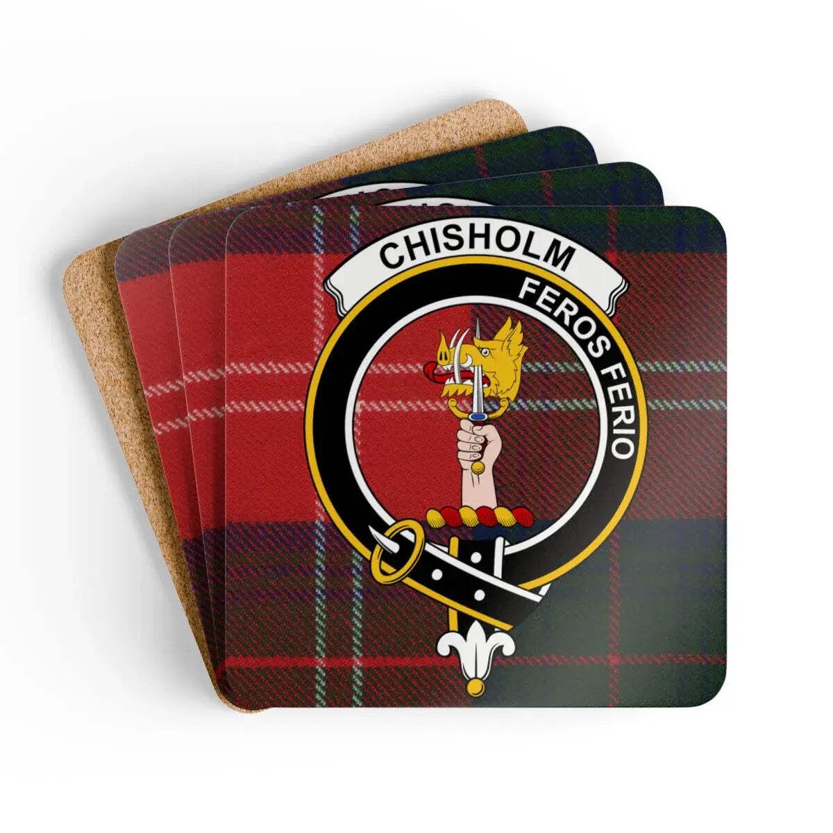 Chisholm Clan Crest Tartan Coaster Set – Set of 4 Natural Cork