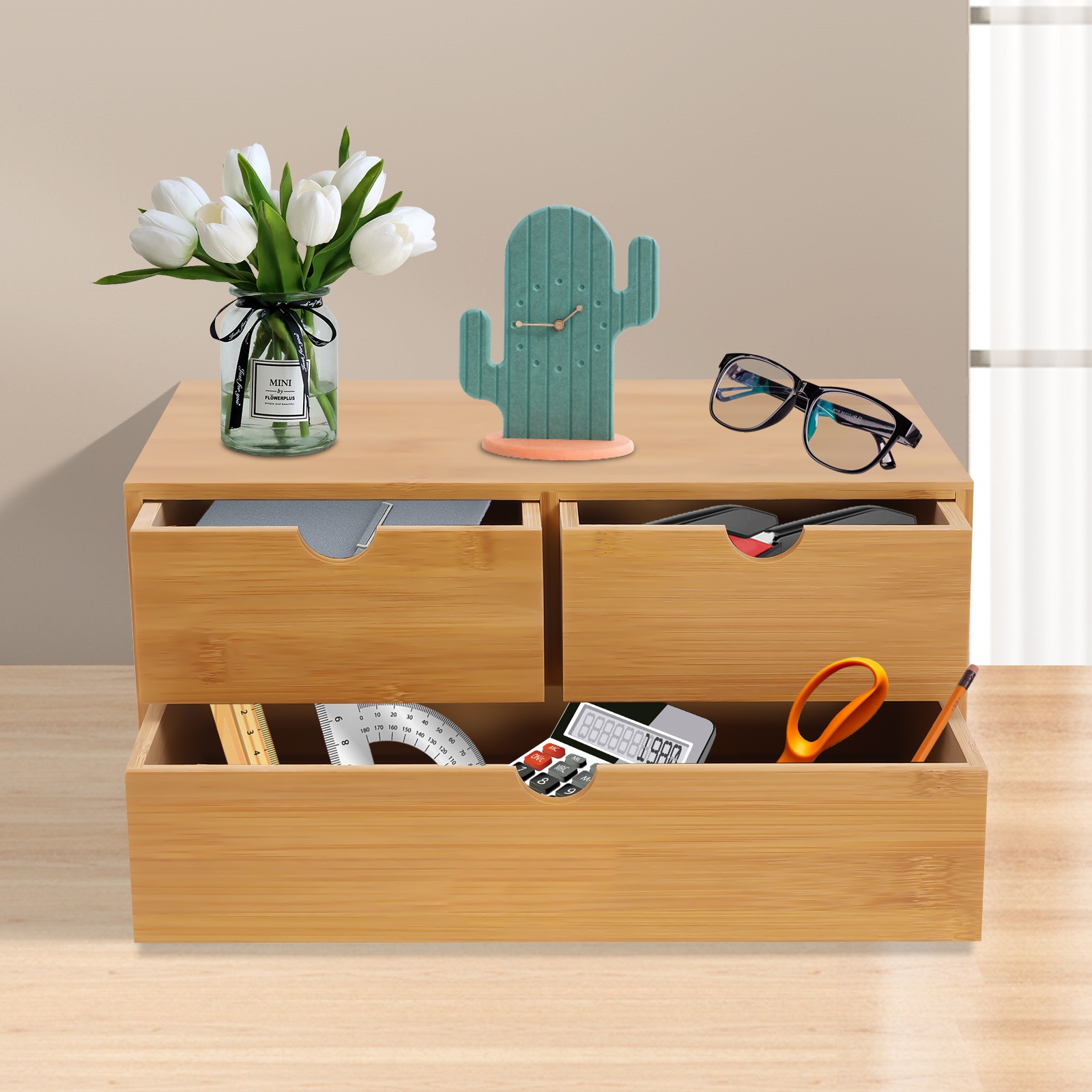 Bamboo Desk Organizer -Tabletop Mini Bamboo Desk Drawer Storage Box w/ 3 Drawers
