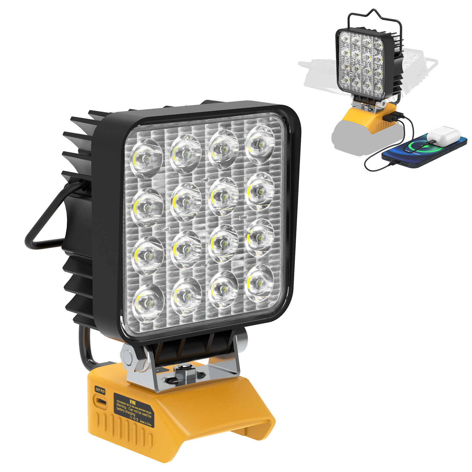 60W 6000LM LED Work Light for Dewalt 20V Battery + 3-Port USB Charger QC PD