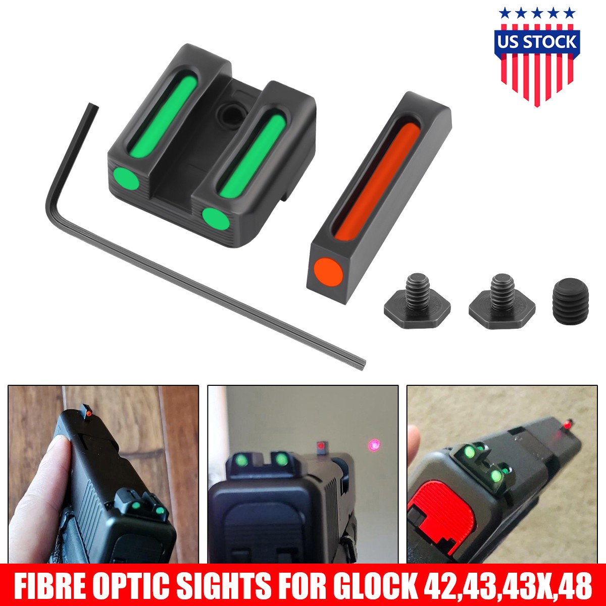 Fiber Optic Sight Red & Green Front & Rear Sight for Glock 42,43,43X,48