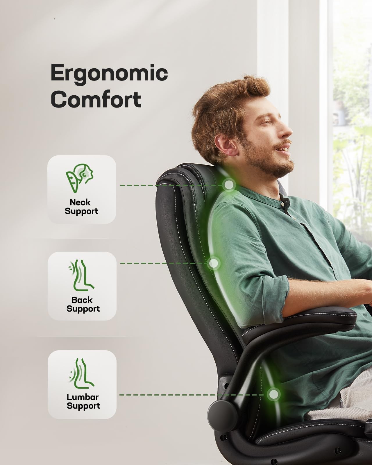 Executive Office Chair Ergonomic Desk Chair with Flip-up Armrests PU Leather ...